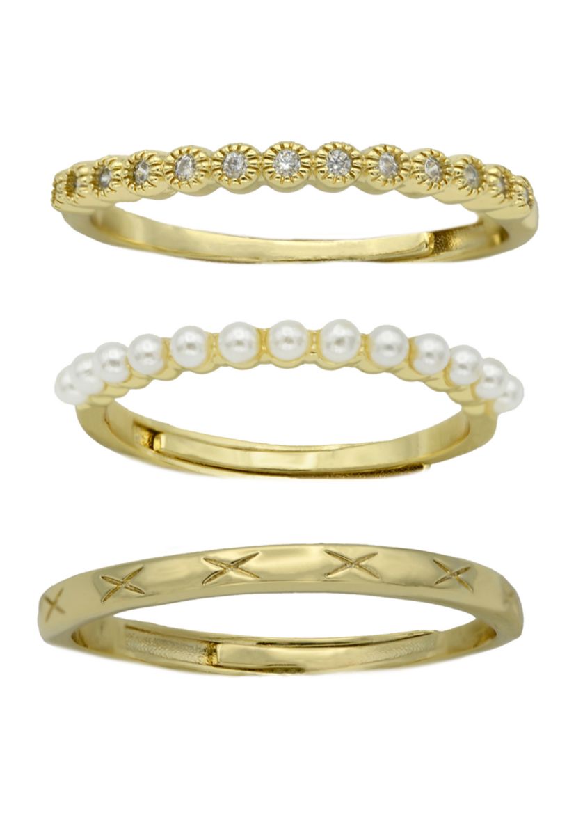 Gold Tone Pearl & Cubic Zirconia Adjustable Stack Etched Band Ring Set