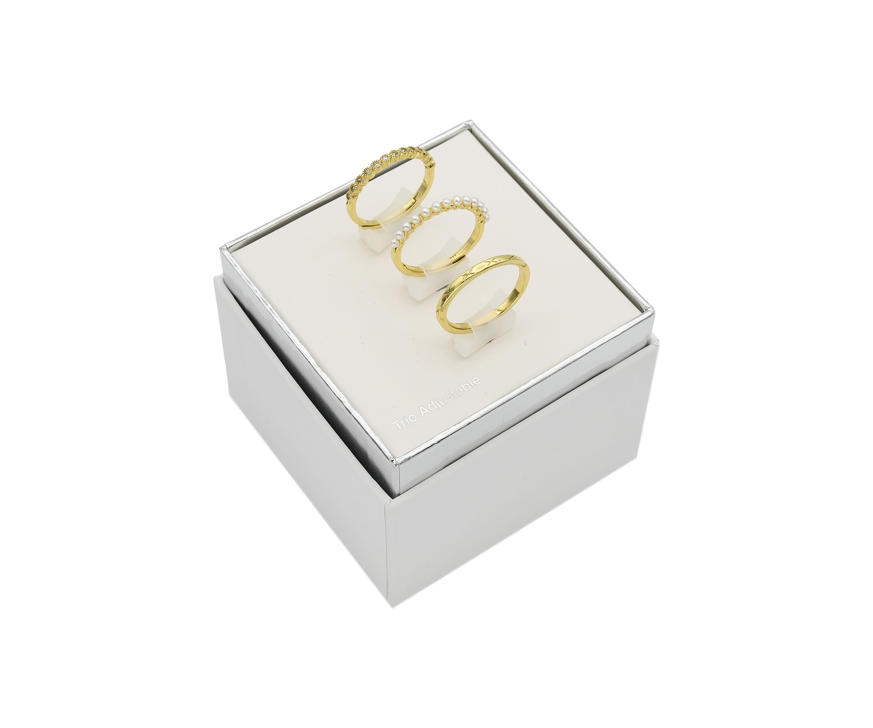 Gold Tone Pearl & Cubic Zirconia Adjustable Stack Etched Band Ring Set