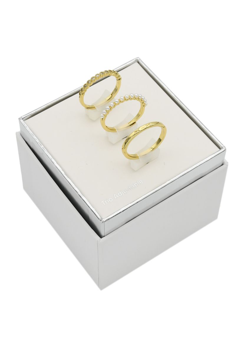 Gold Tone Pearl & Cubic Zirconia Adjustable Stack Etched Band Ring Set