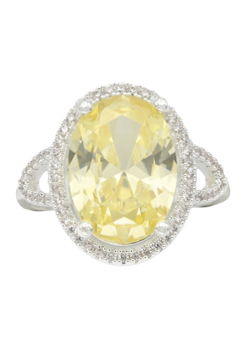 Silver Tone Jonquil Oval Cubic Zirconia Halo Open Band Ring