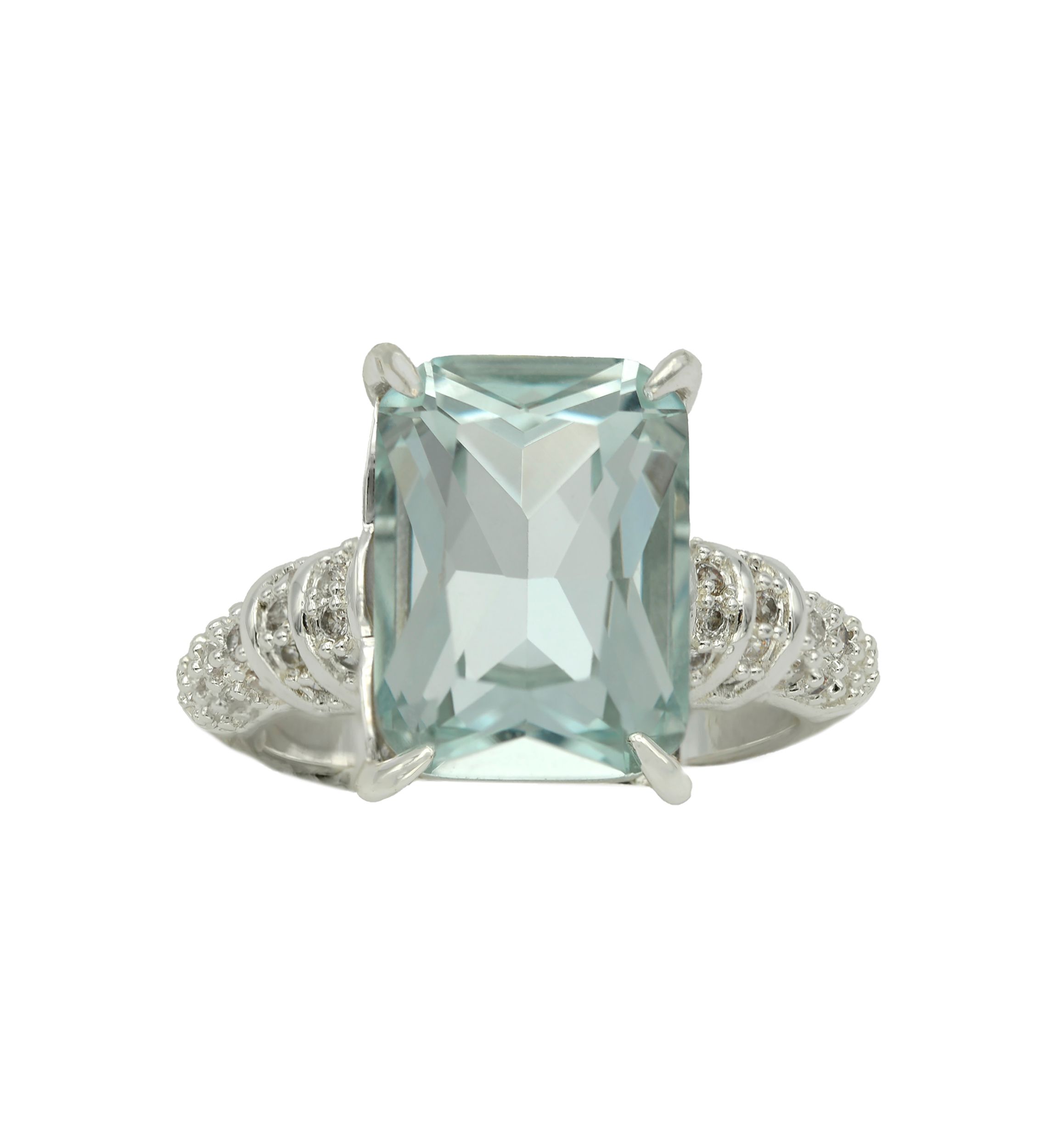 Silver Tone Large Aquamarine Ascher Cut Cocktail Ring