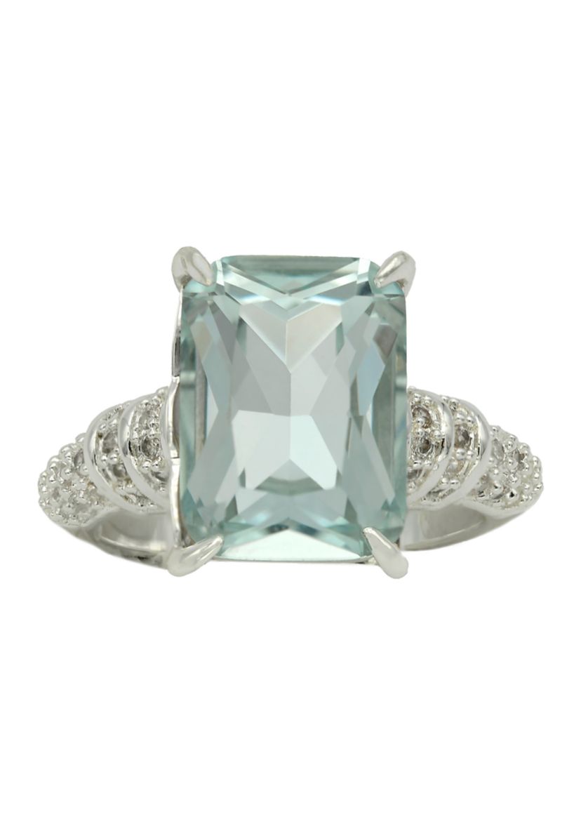 Silver Tone Large Aquamarine Ascher Cut Cocktail Ring