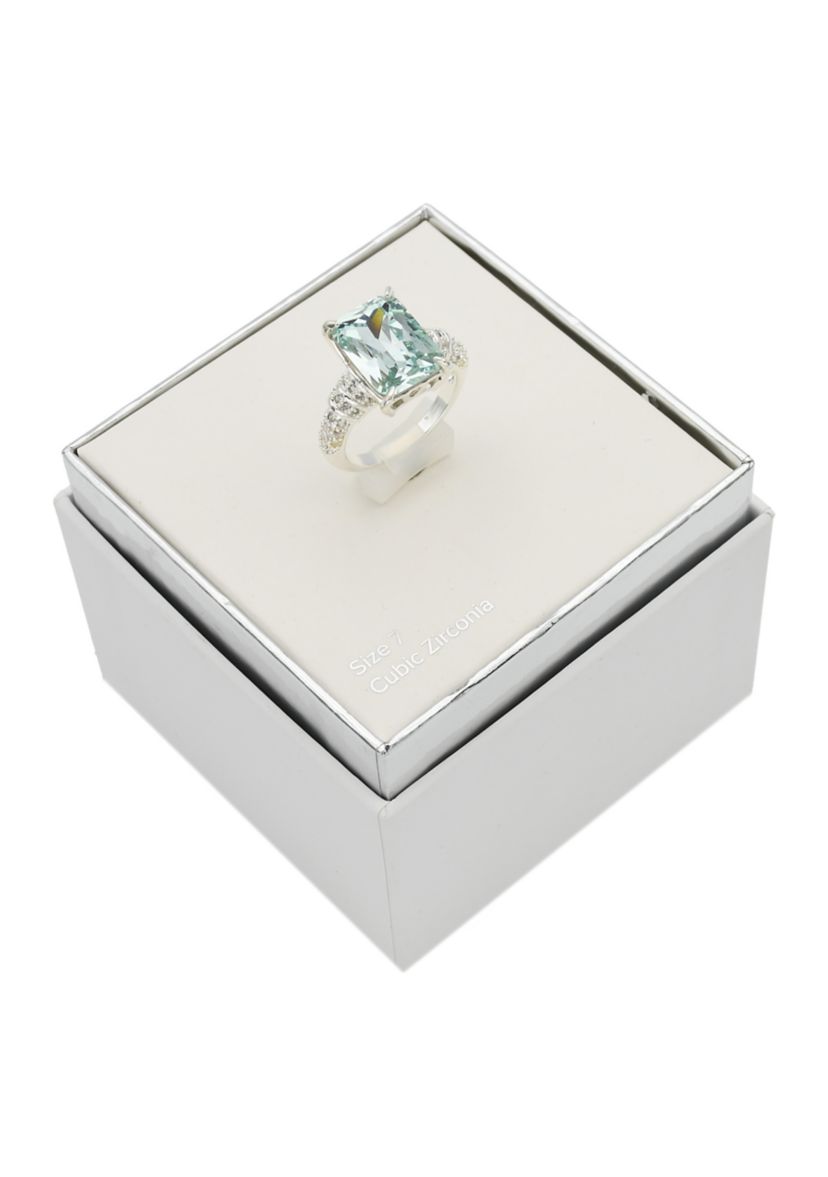 Silver Tone Large Aquamarine Ascher Cut Cocktail Ring
