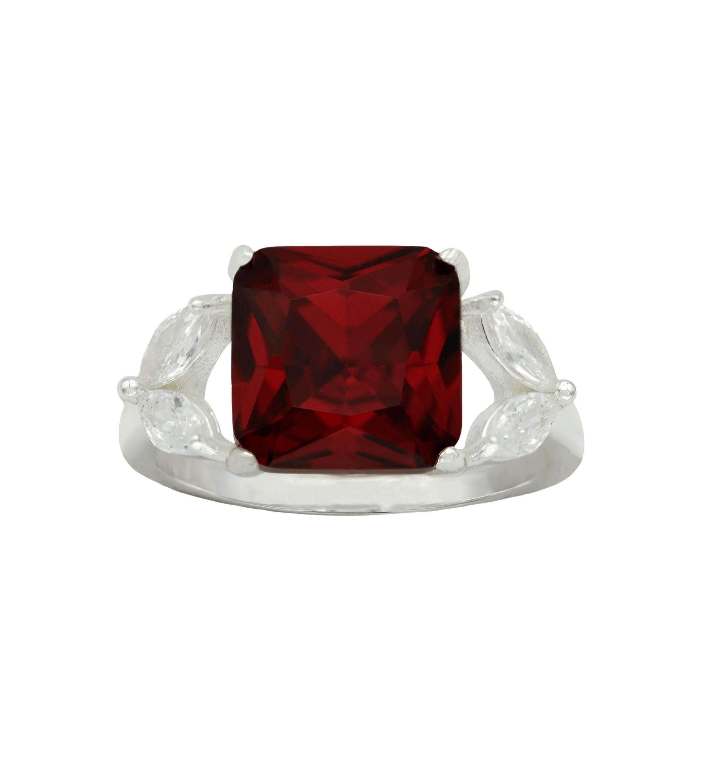 Lab Created Silver Tone Siam Emerald Cut Marquise Side Stone Cocktail Ring