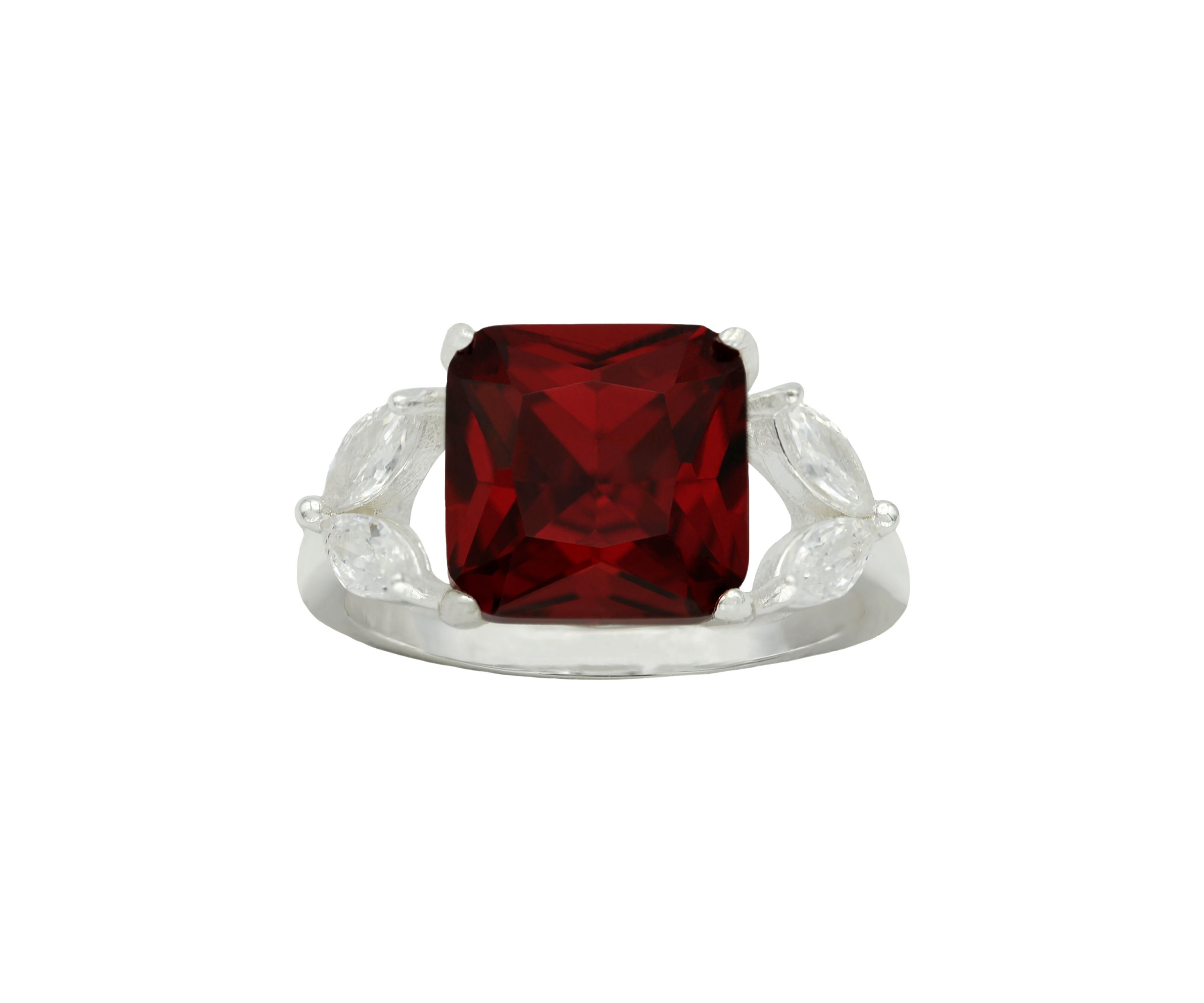 Lab Created Silver Tone Siam Emerald Cut Marquise Side Stone Cocktail Ring