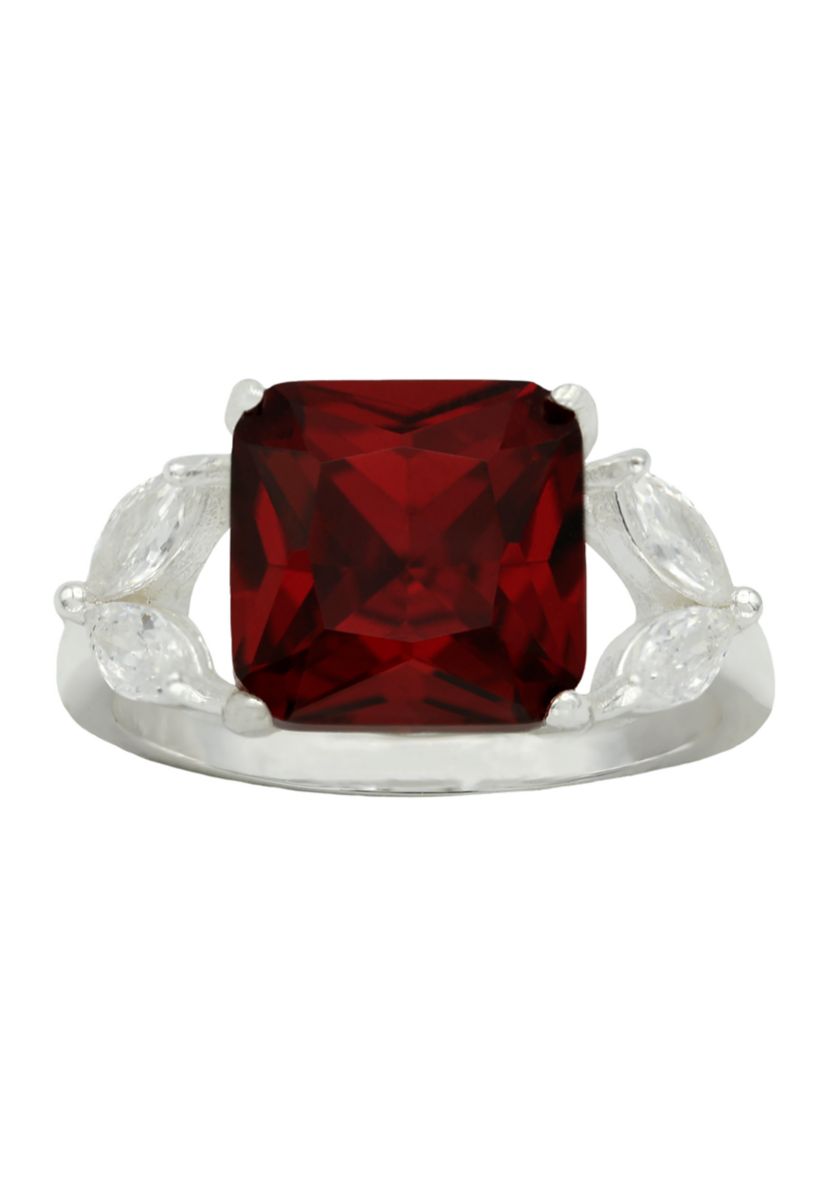 Lab Created Silver Tone Siam Emerald Cut Marquise Side Stone Cocktail Ring
