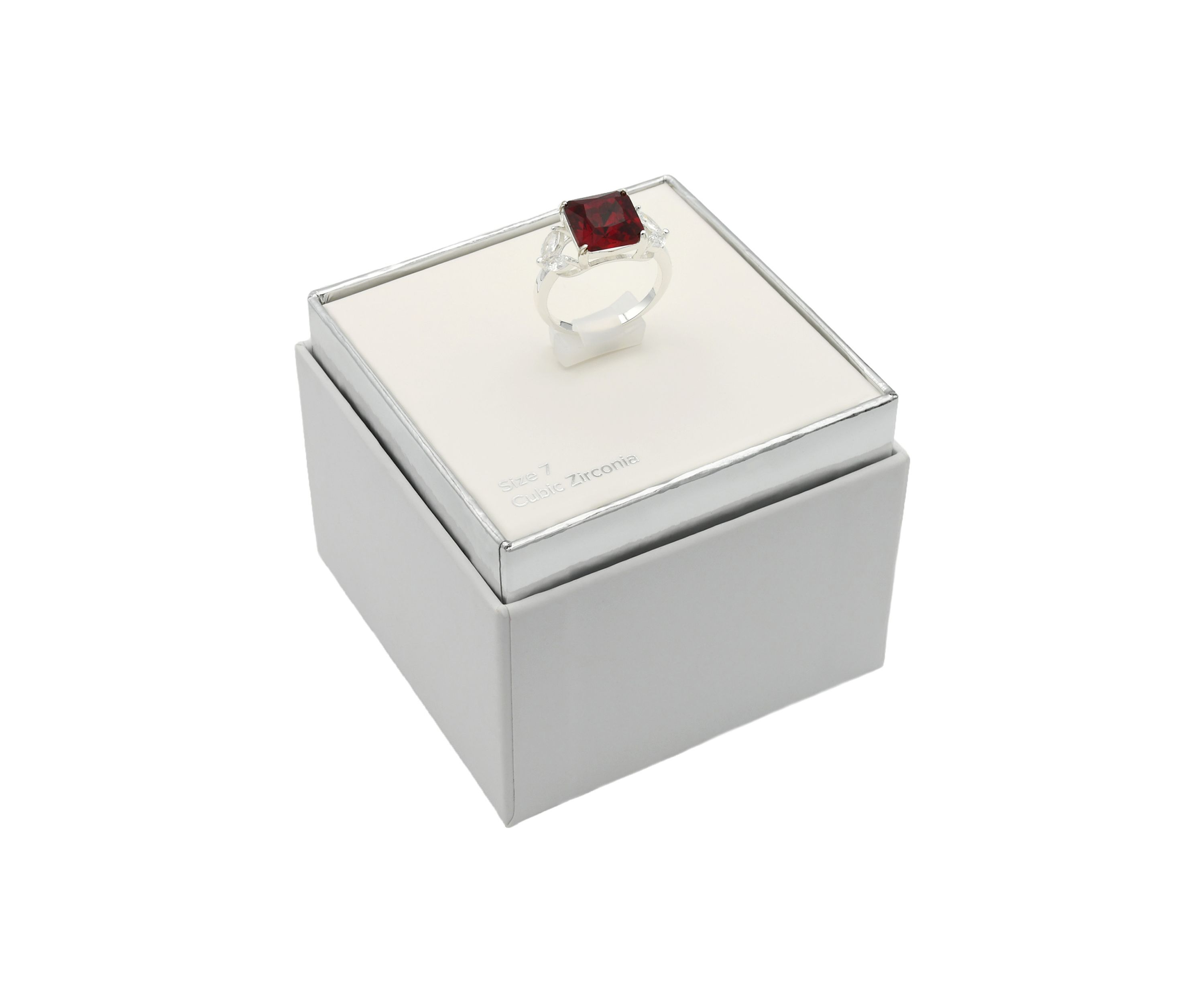 Lab Created Silver Tone Siam Emerald Cut Marquise Side Stone Cocktail Ring