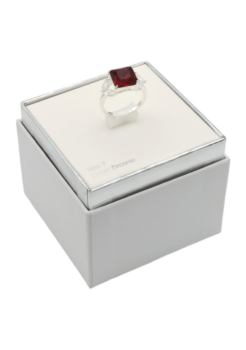 Lab Created Silver Tone Siam Emerald Cut Marquise Side Stone Cocktail Ring