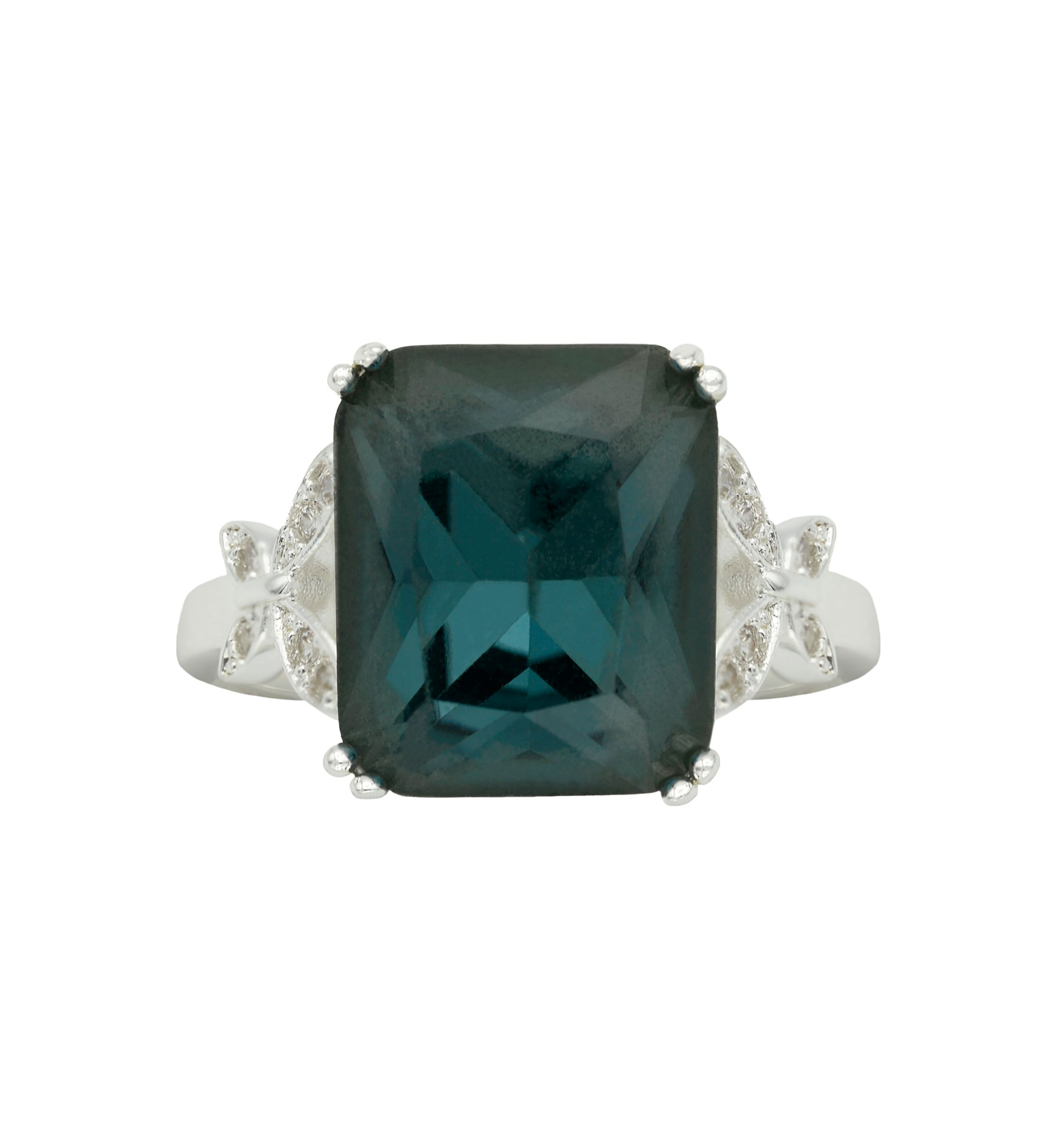 Lab Created Silver Tone Denim Blue Emerald Cut Floral Side Band Cocktail Ring