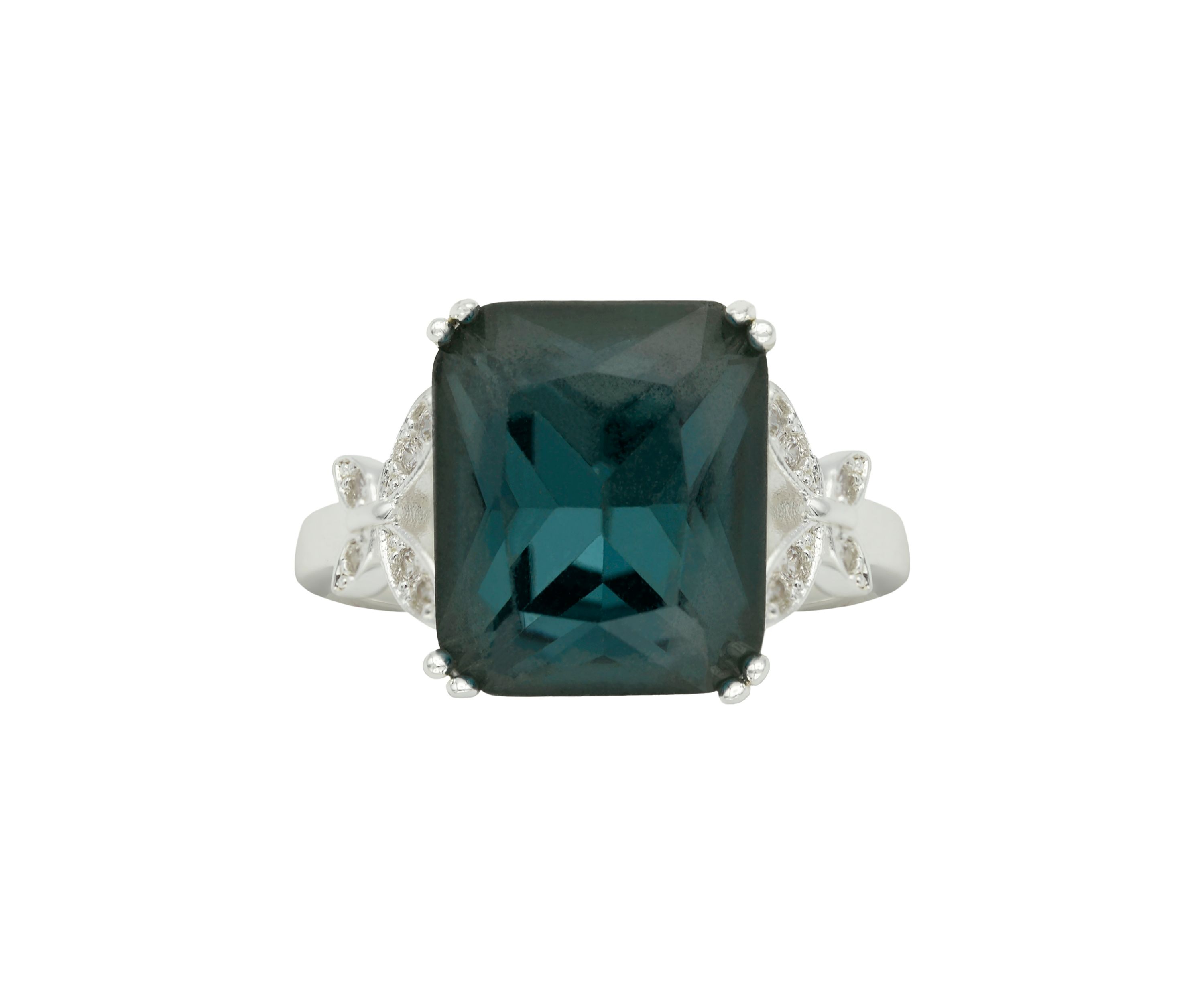 Lab Created Silver Tone Denim Blue Emerald Cut Floral Side Band Cocktail Ring