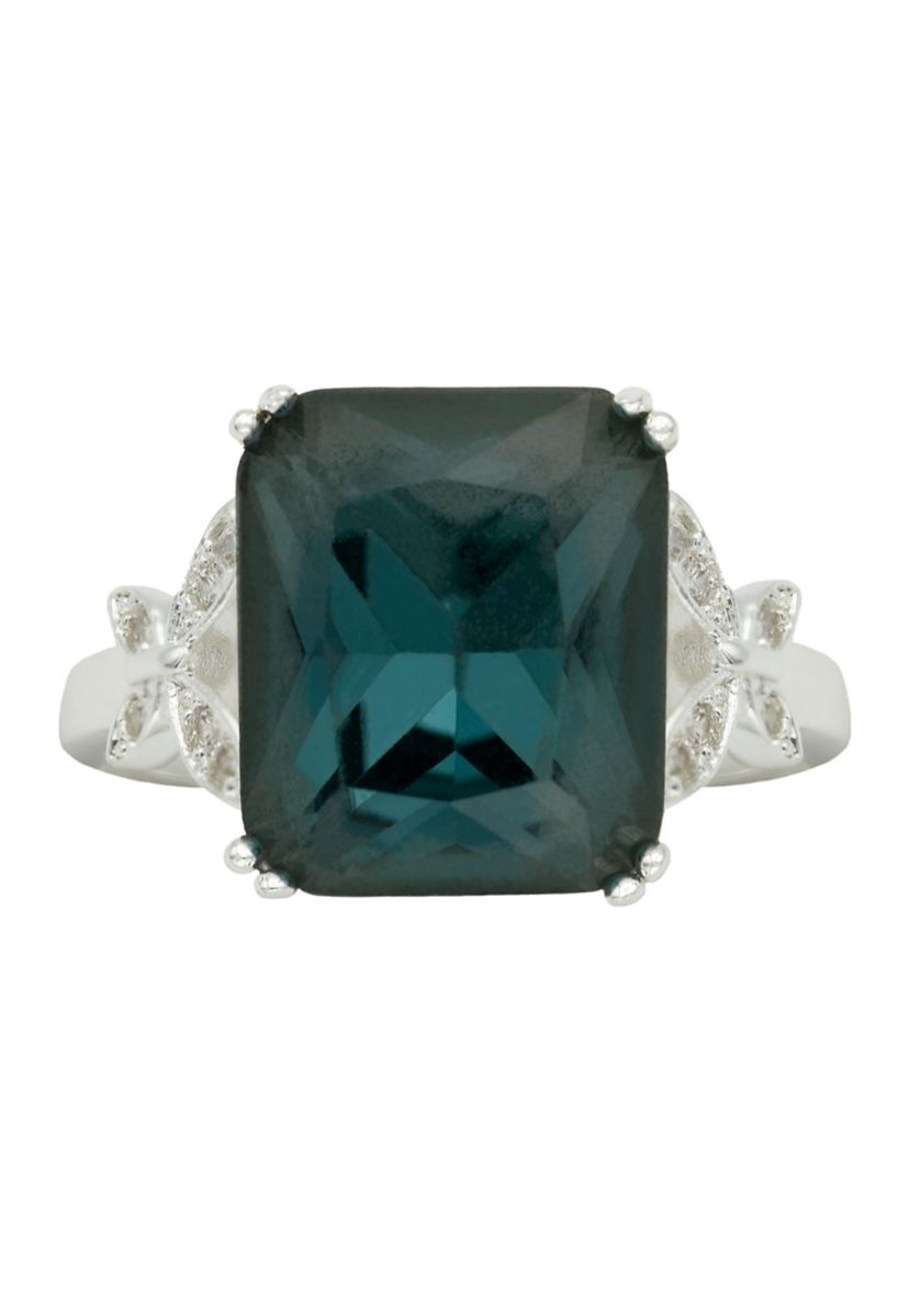 Lab Created Silver Tone Denim Blue Emerald Cut Floral Side Band Cocktail Ring