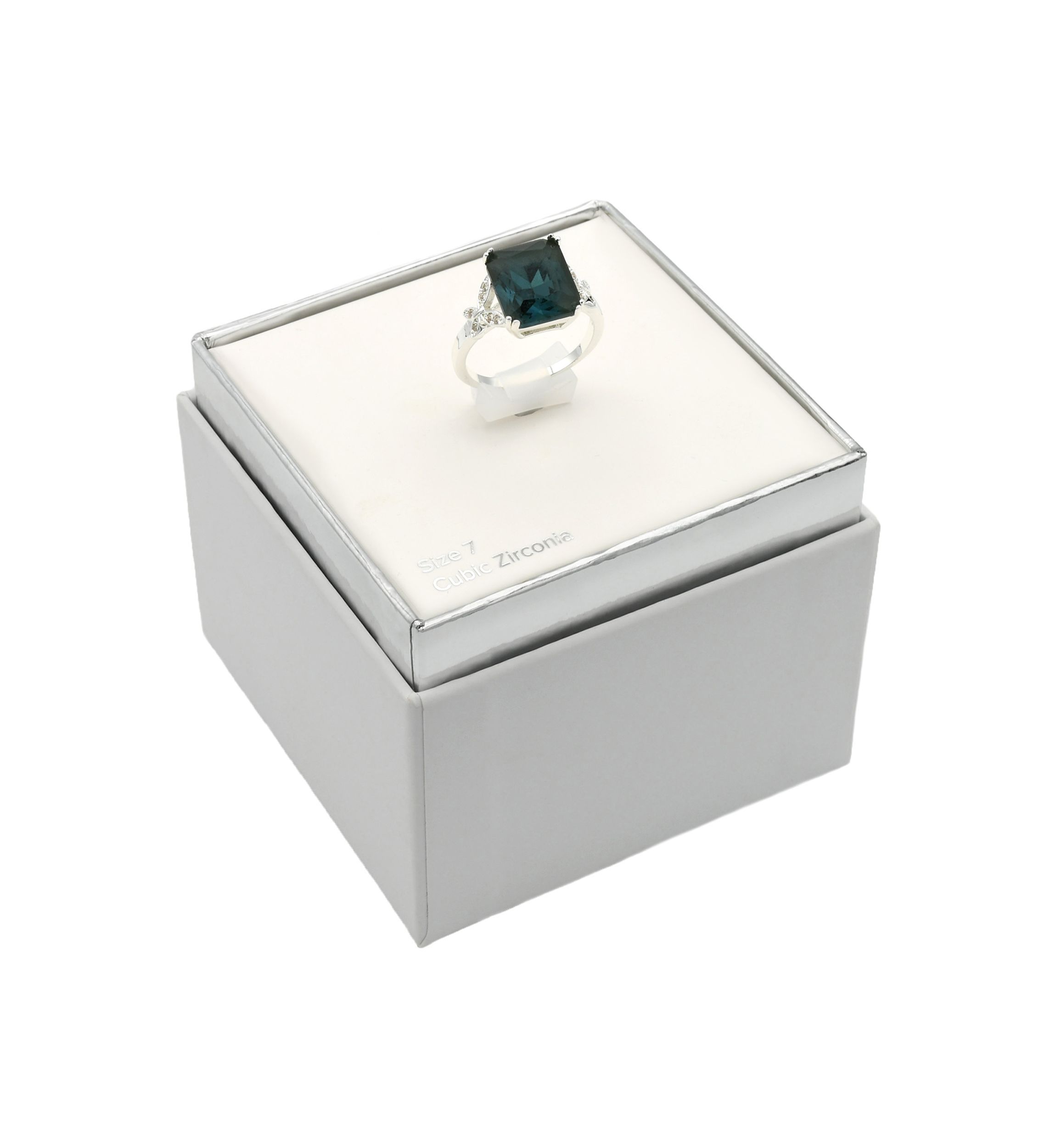 Lab Created Silver Tone Denim Blue Emerald Cut Floral Side Band Cocktail Ring