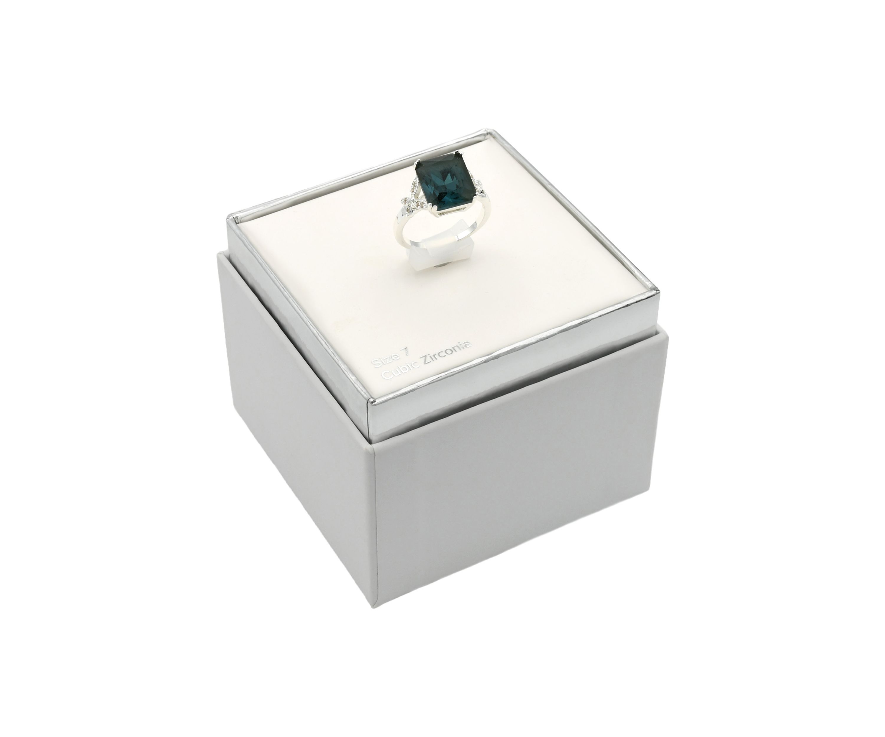 Lab Created Silver Tone Denim Blue Emerald Cut Floral Side Band Cocktail Ring