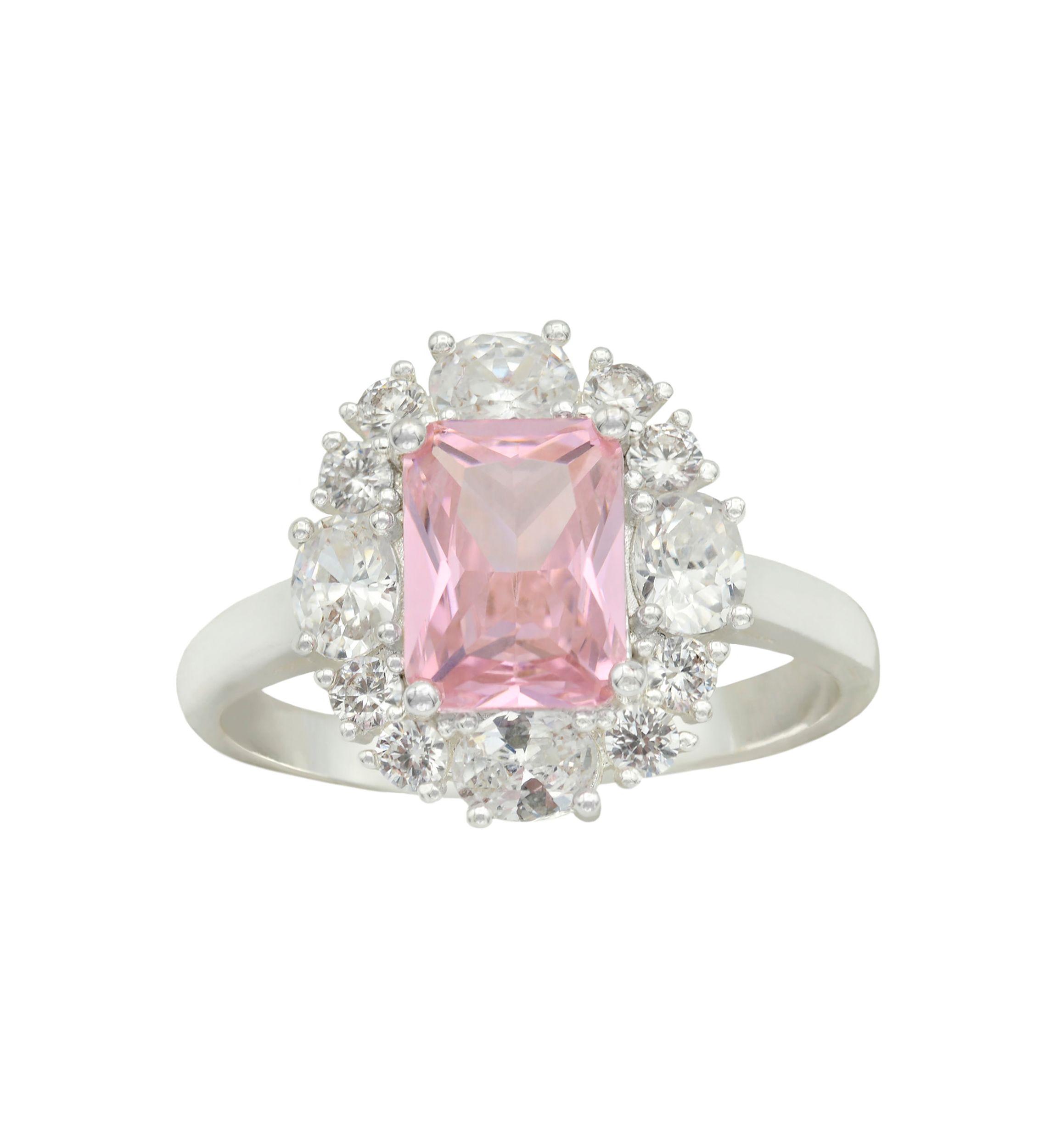 Lab Created Silver Tone Pink Emerald Cut CZ Cluster Halo Pave Band Ring