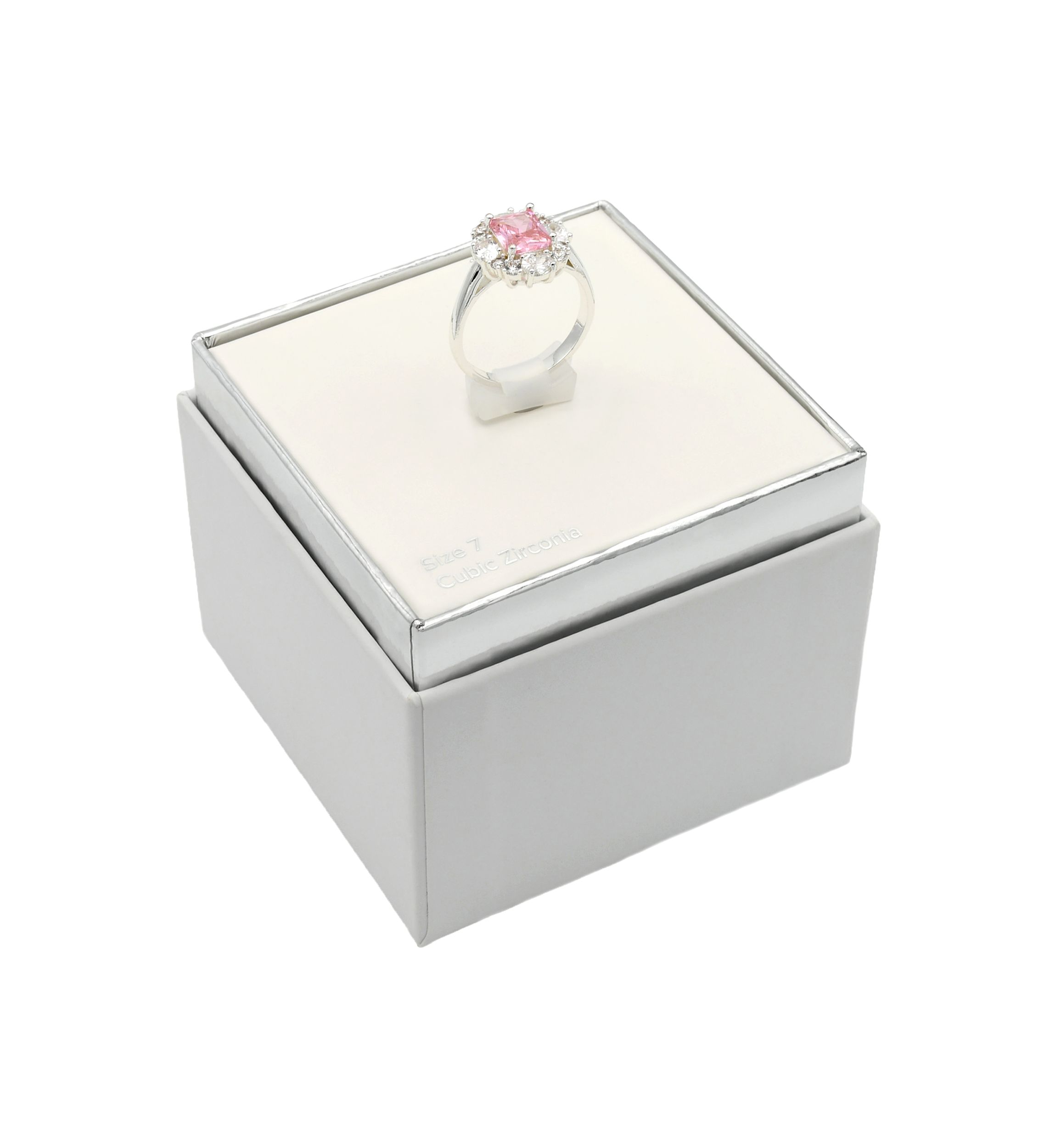 Lab Created Silver Tone Pink Emerald Cut CZ Cluster Halo Pave Band Ring