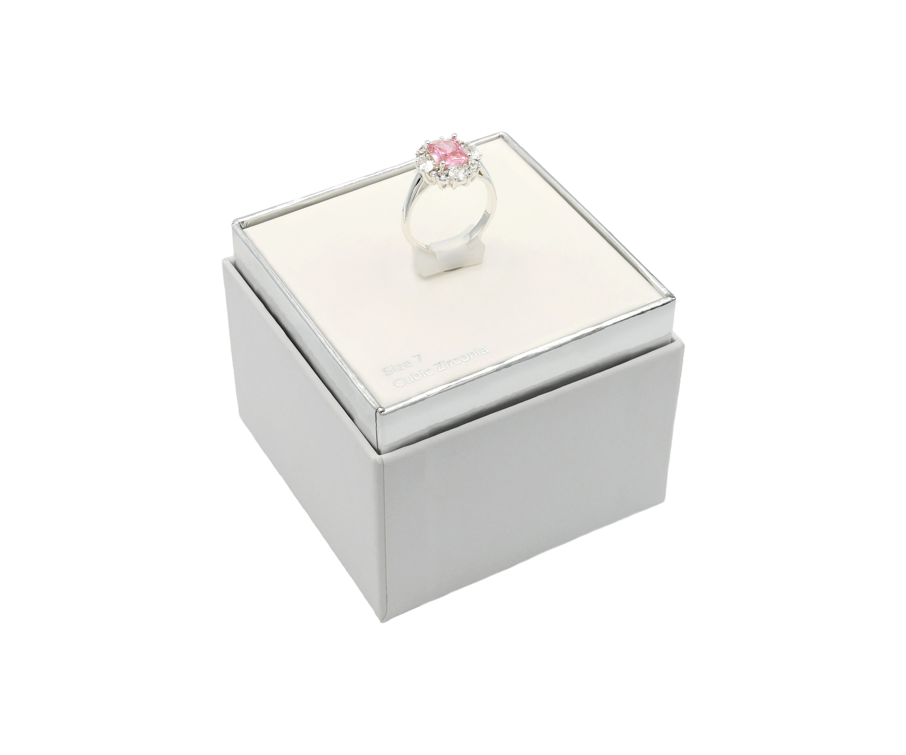 Lab Created Silver Tone Pink Emerald Cut CZ Cluster Halo Pave Band Ring