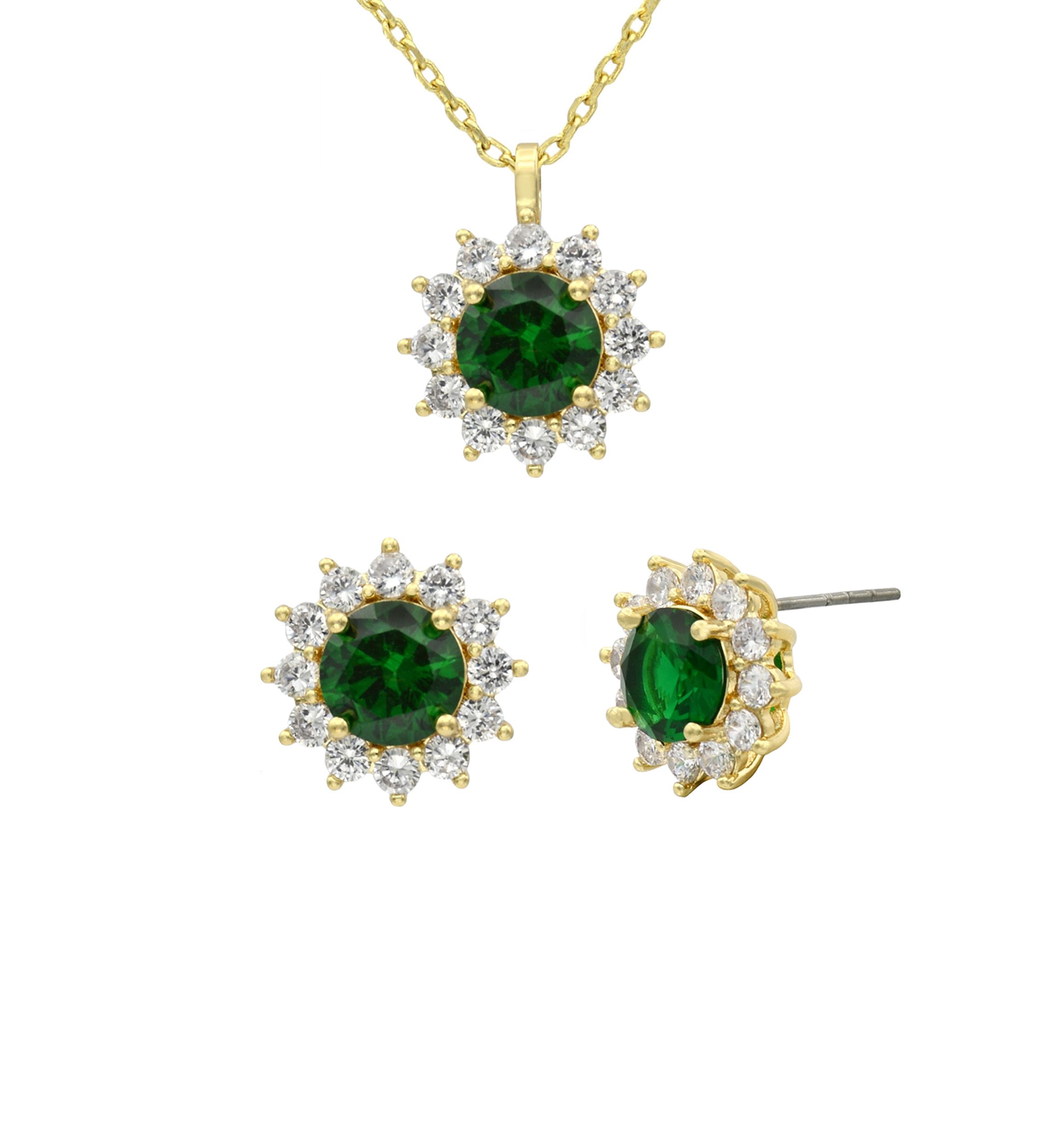 Lab Created Gold Tone Emerald Round Stone Halo Necklace and Earring Set