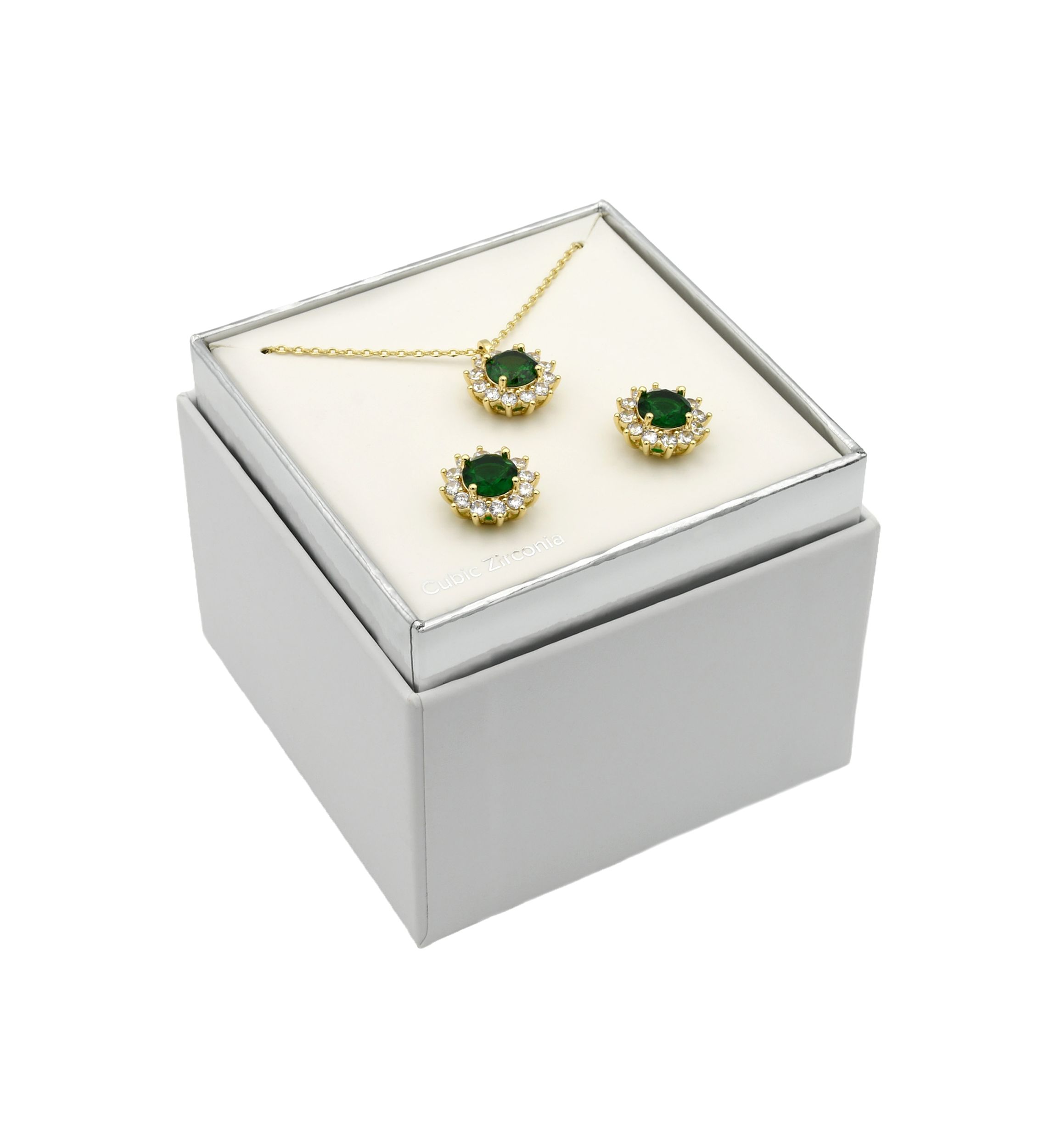 Lab Created Gold Tone Emerald Round Stone Halo Necklace and Earring Set