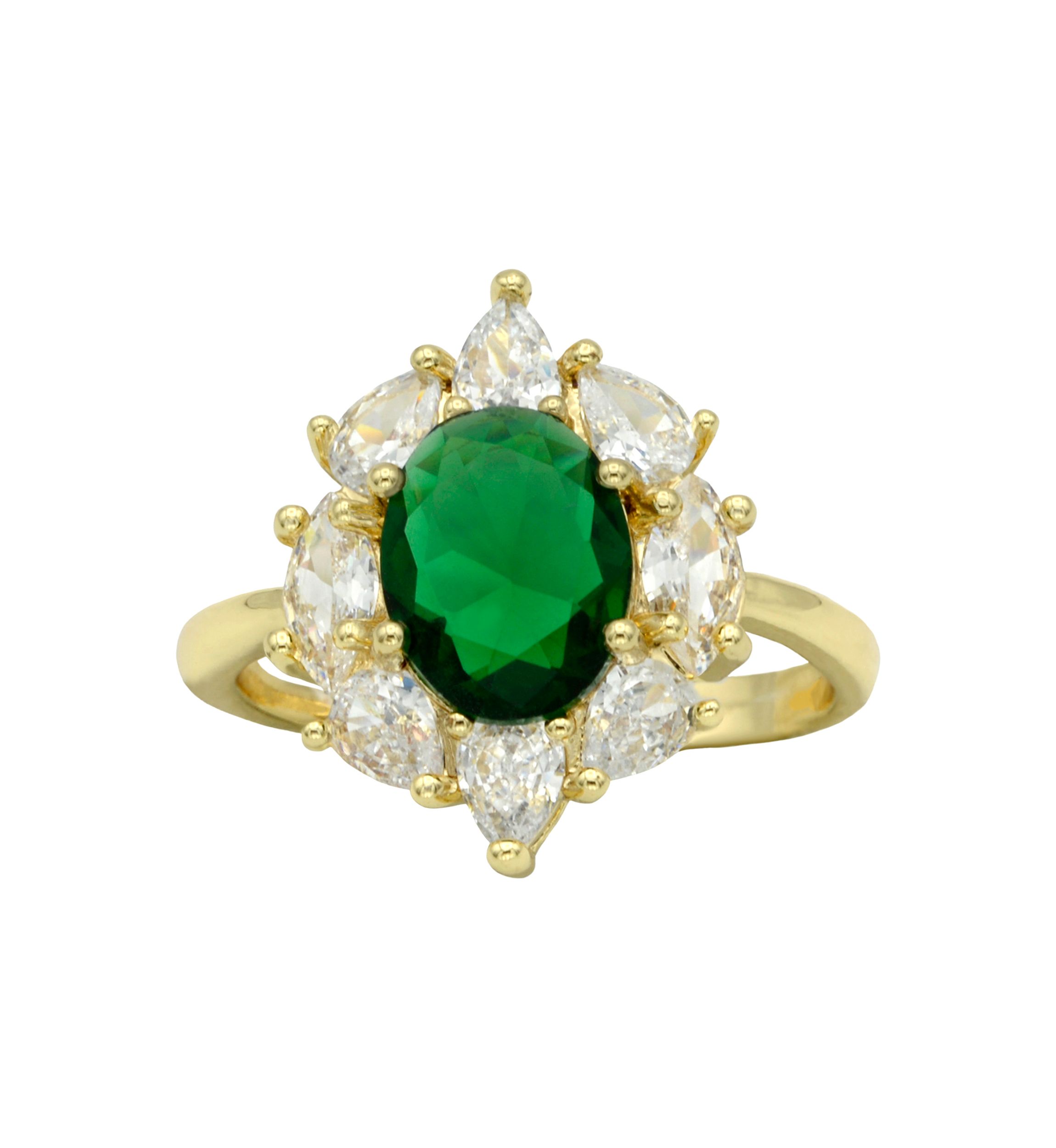 Gold Tone Emerald Oval Stone Cluster Band Ring