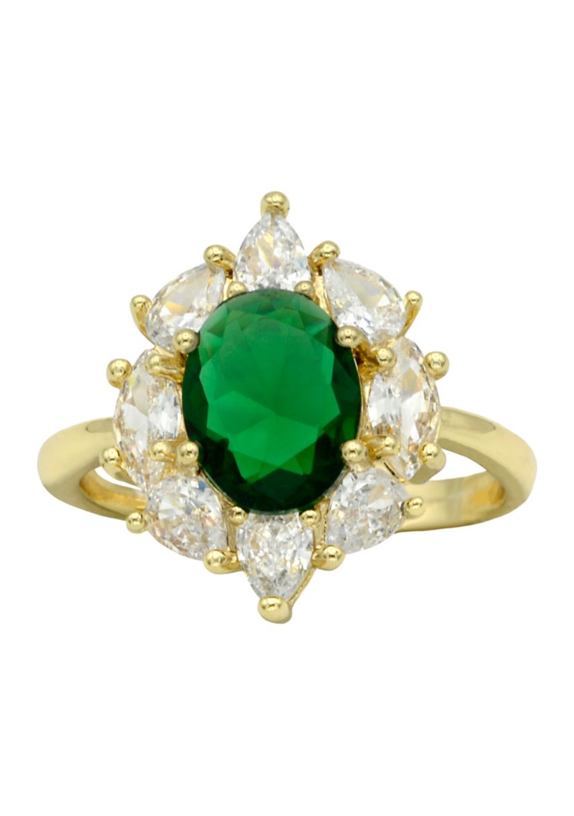 Gold Tone Emerald Oval Stone Cluster Band Ring