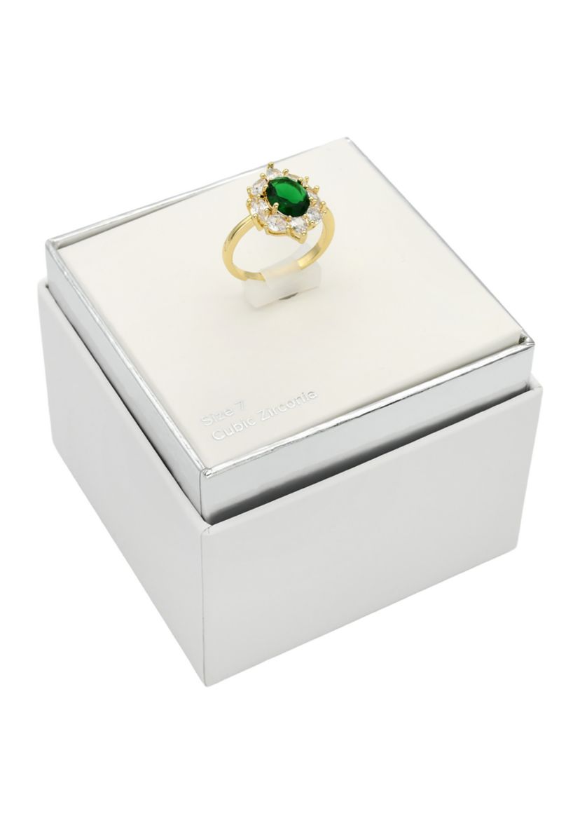 Gold Tone Emerald Oval Stone Cluster Band Ring