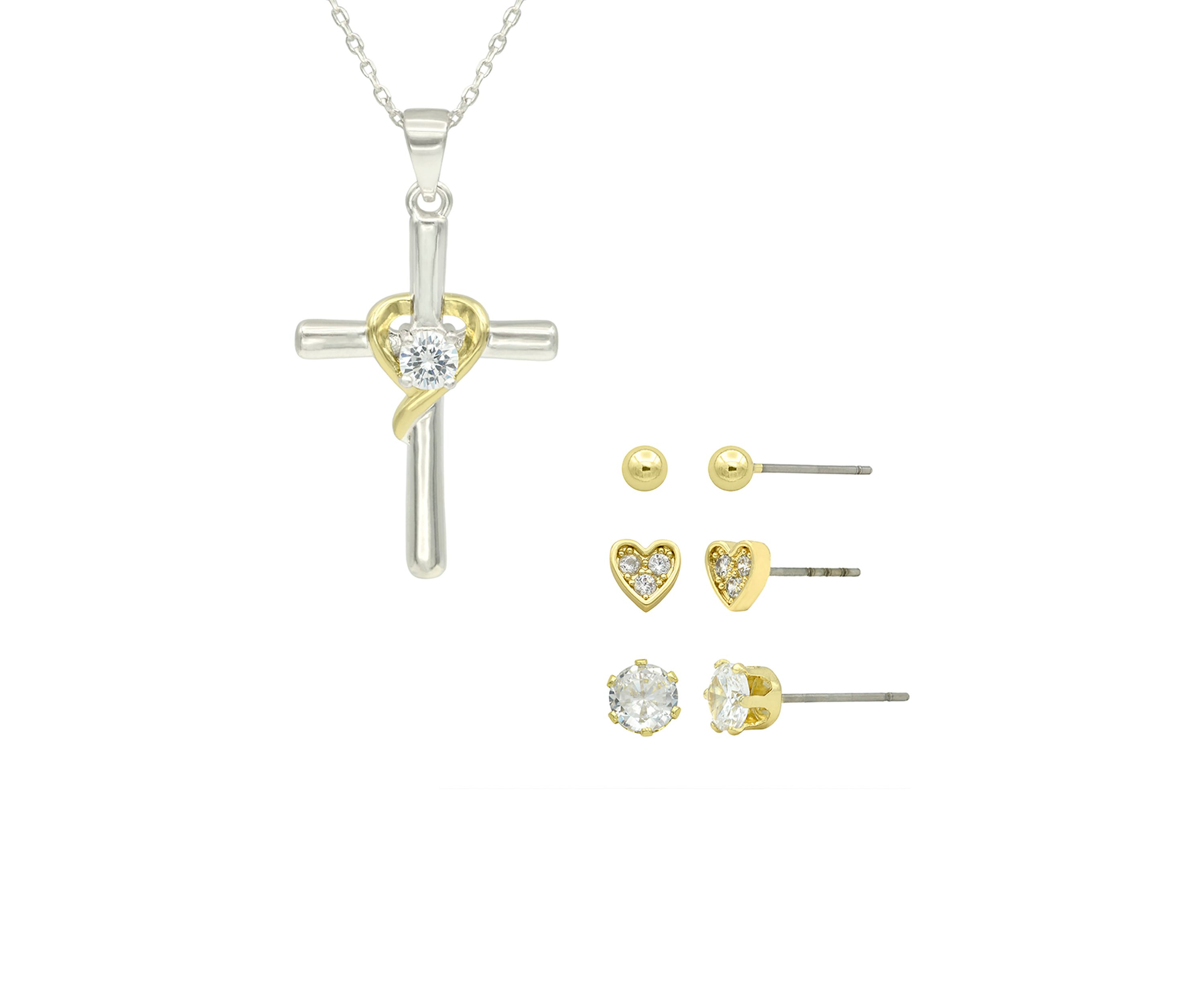 Two Tone Cubic Zirconia Cross Necklace and Trio Earrings Set