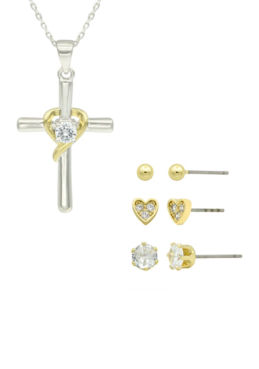 Two Tone Cubic Zirconia Cross Necklace and Trio Earrings Set