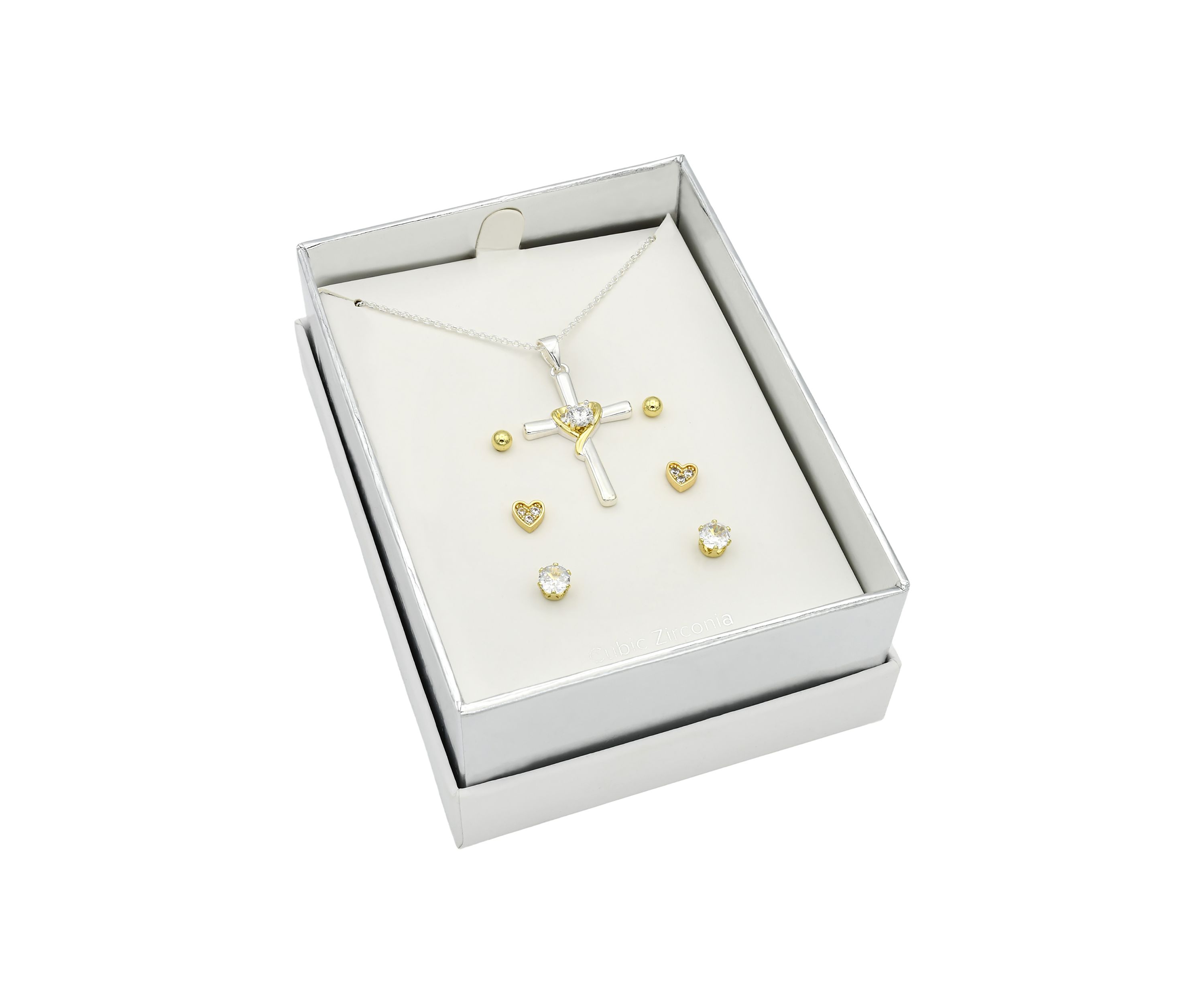 Two Tone Cubic Zirconia Cross Necklace and Trio Earrings Set
