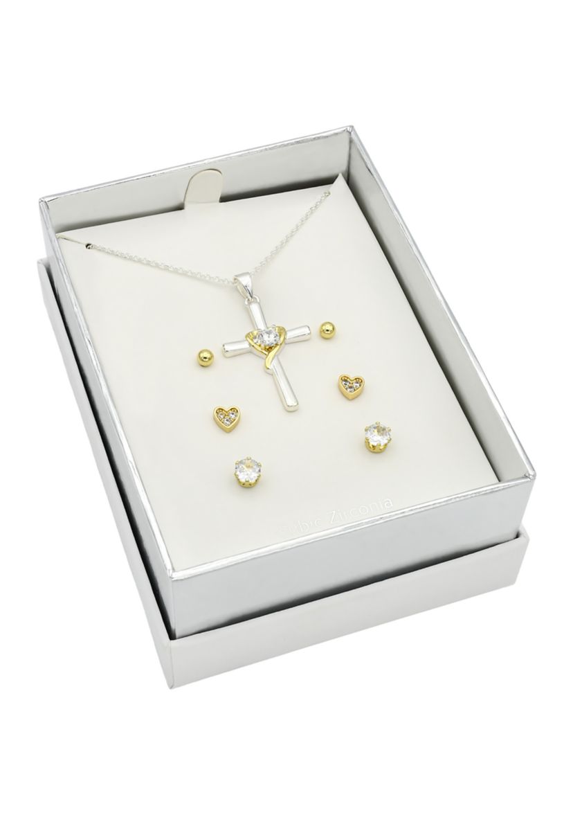 Two Tone Cubic Zirconia Cross Necklace and Trio Earrings Set