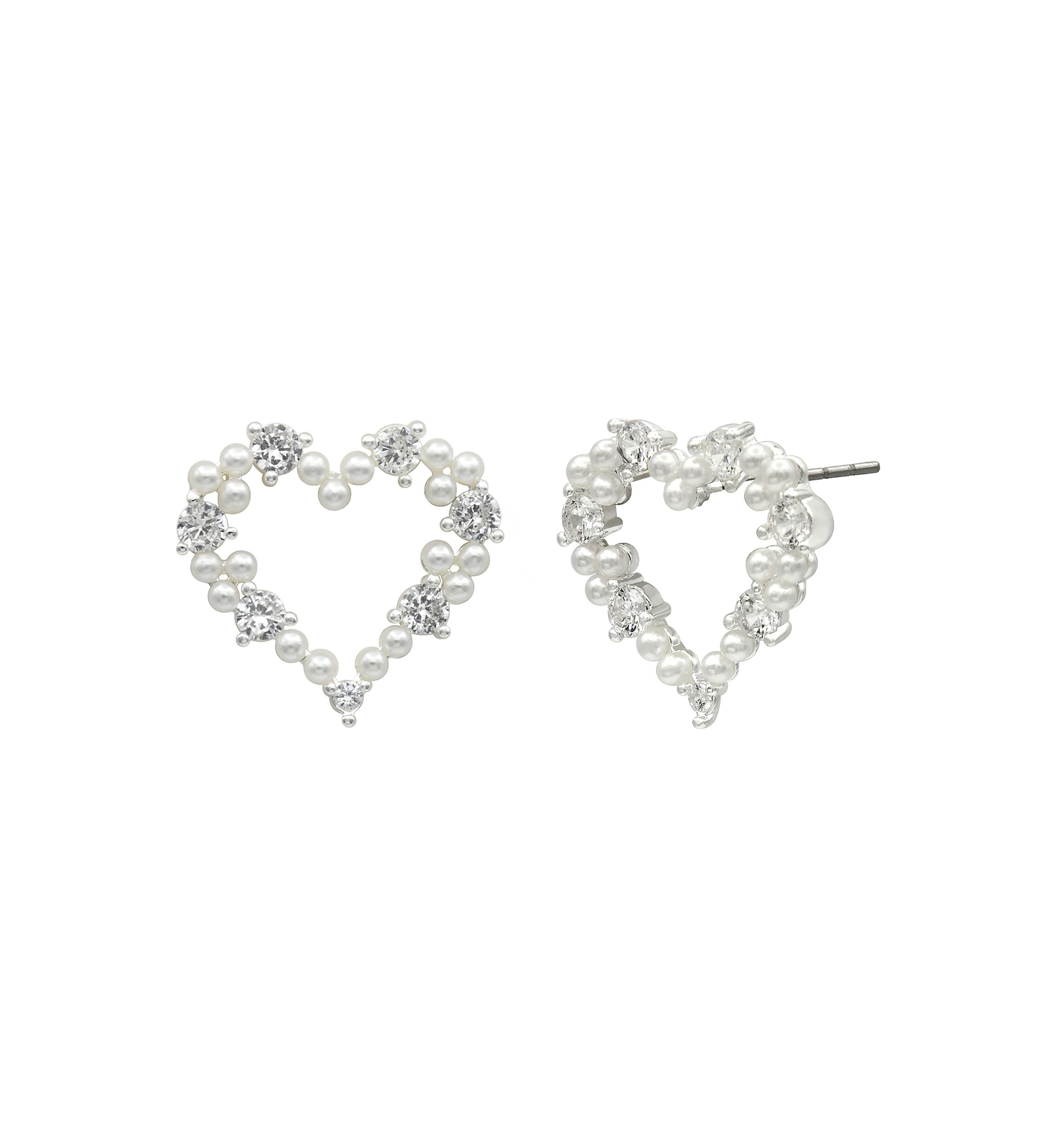 Lab Created Silver Tone Pearl & CZ Pave Heart Earrings