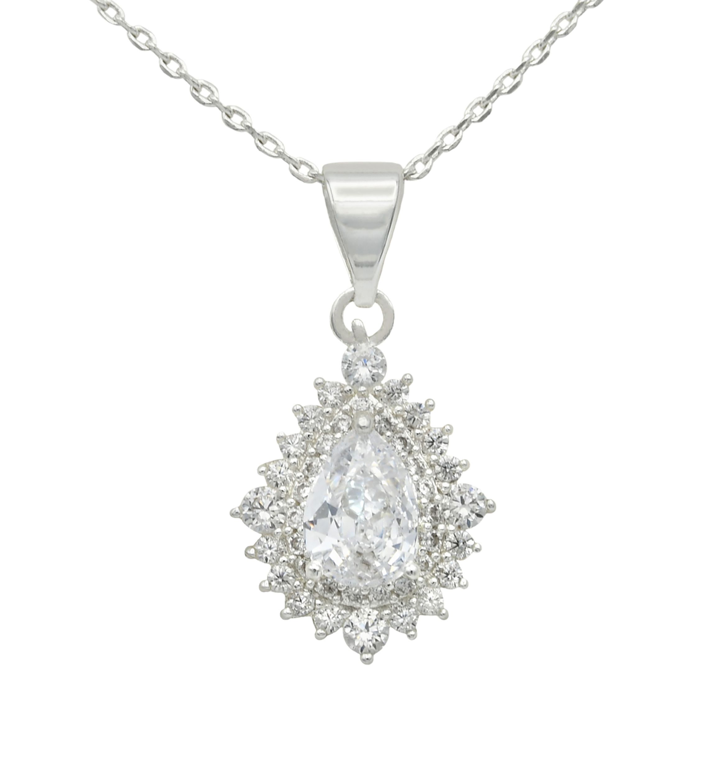 Lab Grown Silver Tone Cubic Zirconia Pear Stone Cluster Pendant Necklace