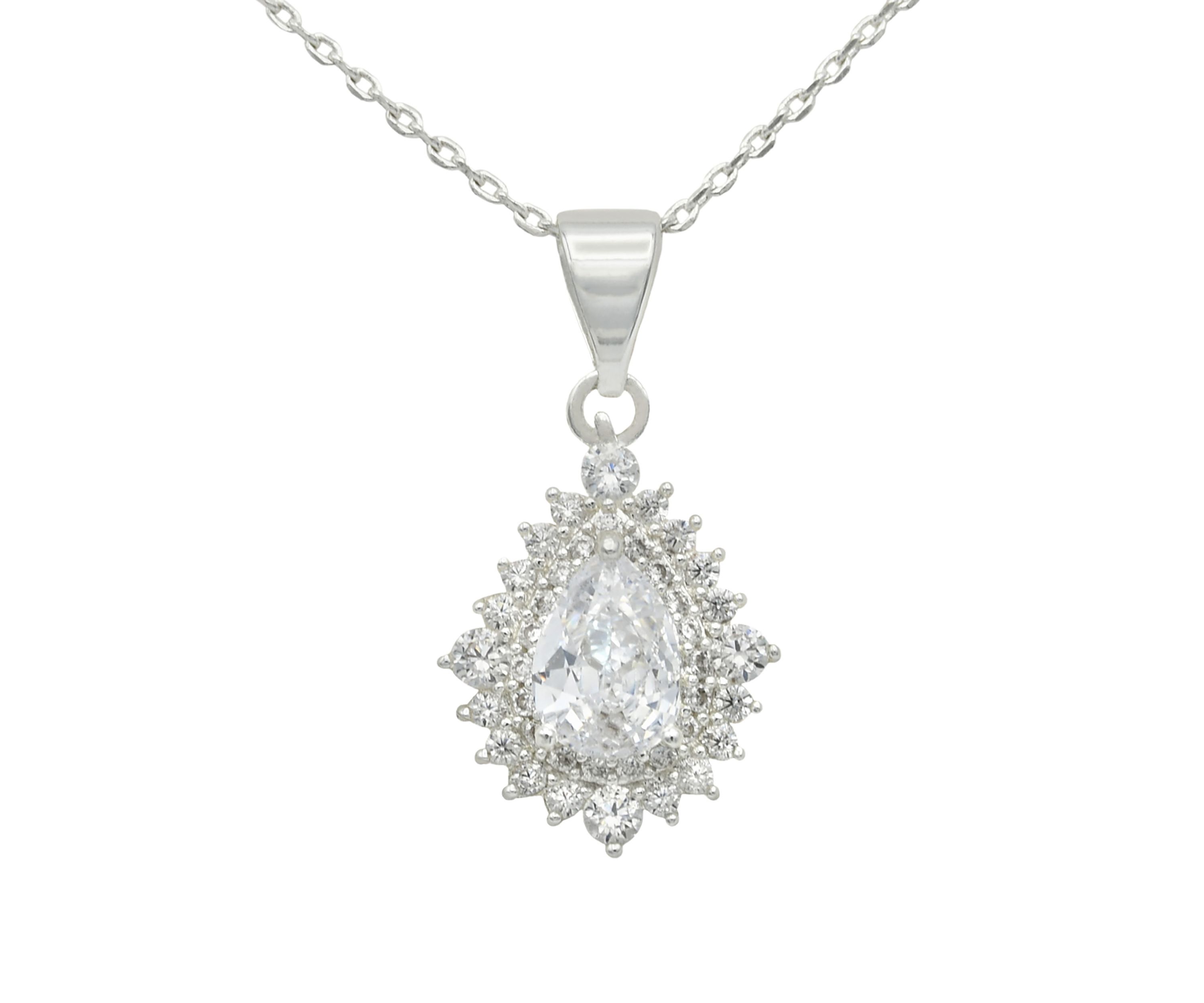 Lab Grown Silver Tone Cubic Zirconia Pear Stone Cluster Pendant Necklace
