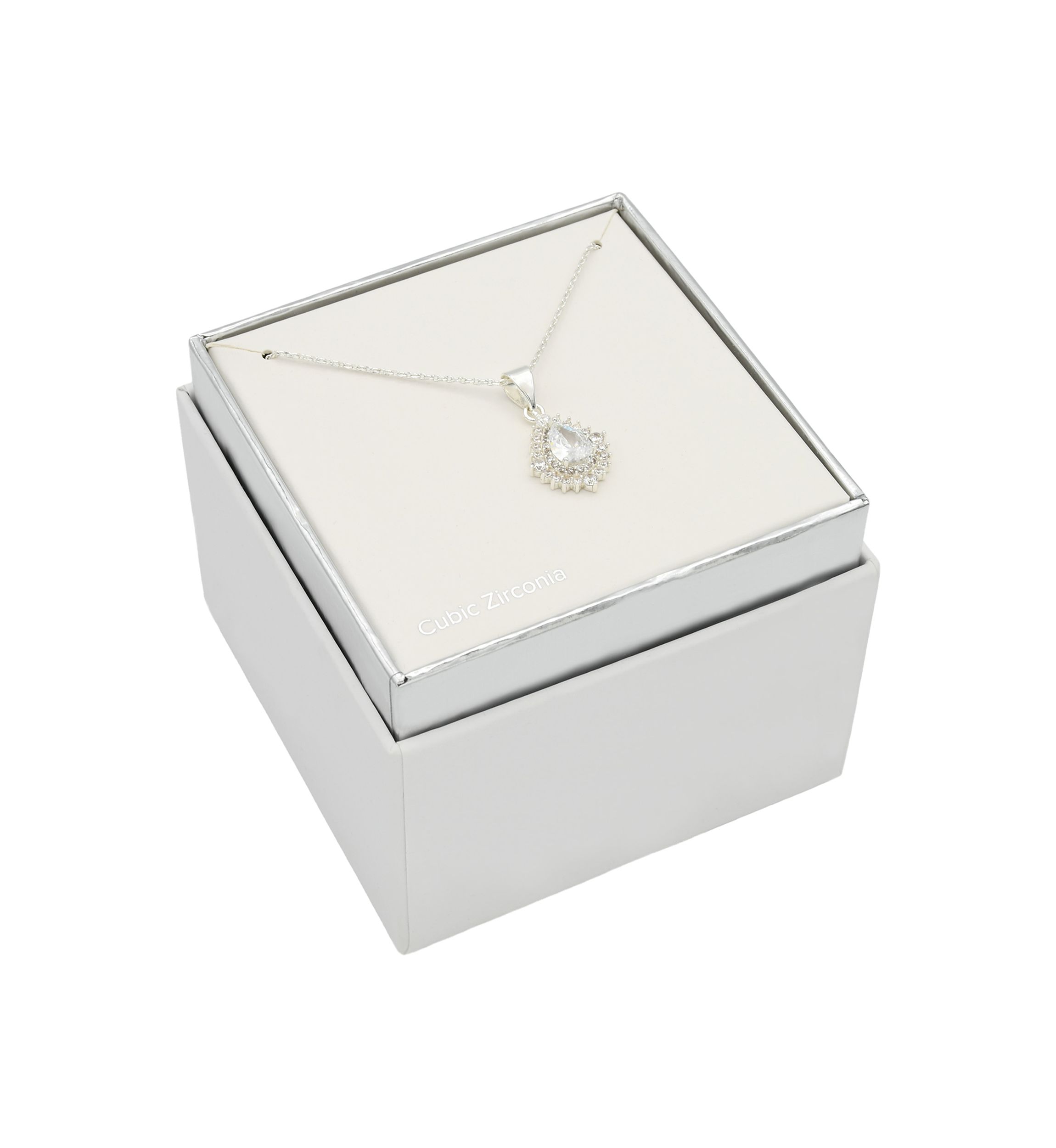 Lab Grown Silver Tone Cubic Zirconia Pear Stone Cluster Pendant Necklace