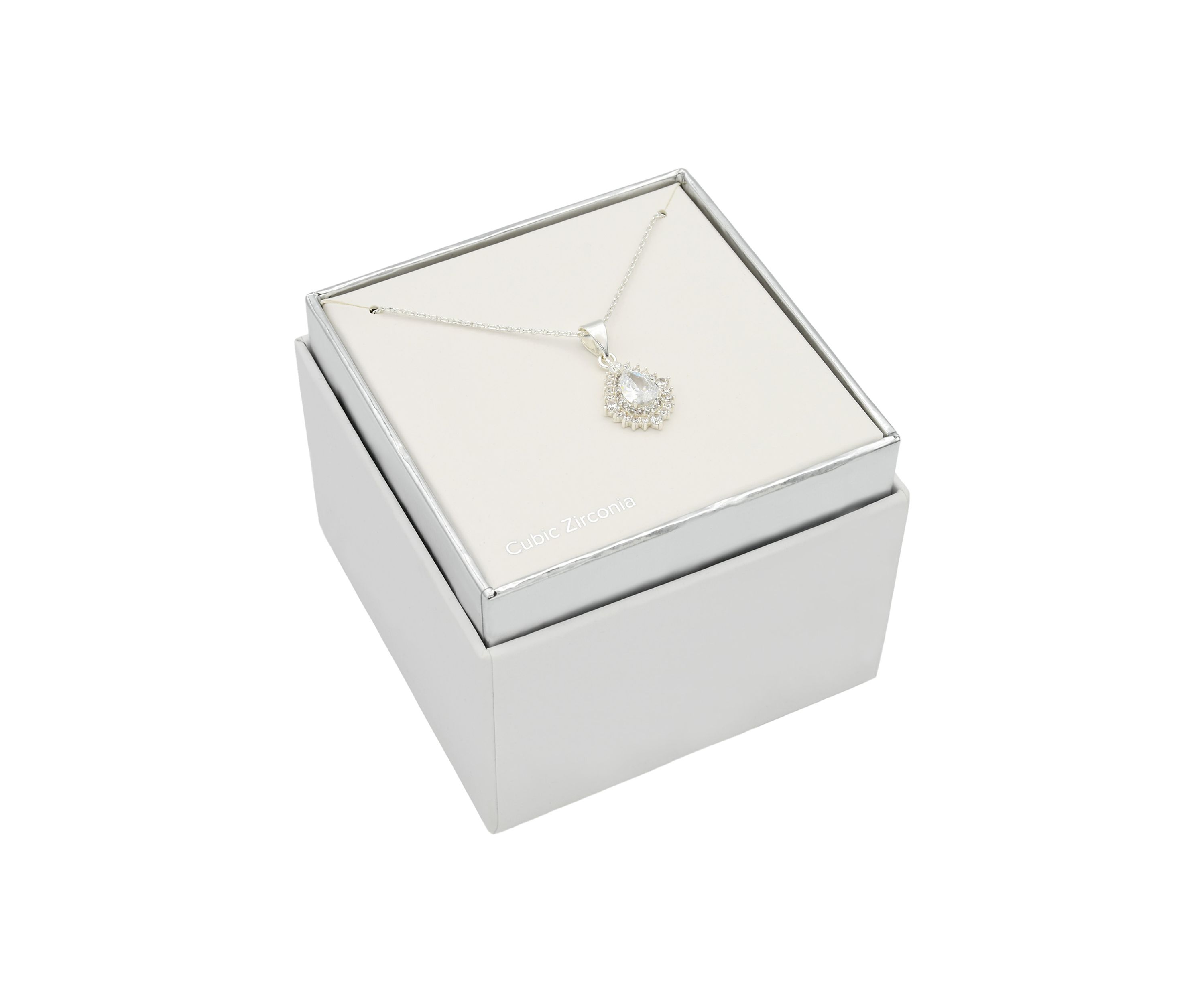 Lab Grown Silver Tone Cubic Zirconia Pear Stone Cluster Pendant Necklace