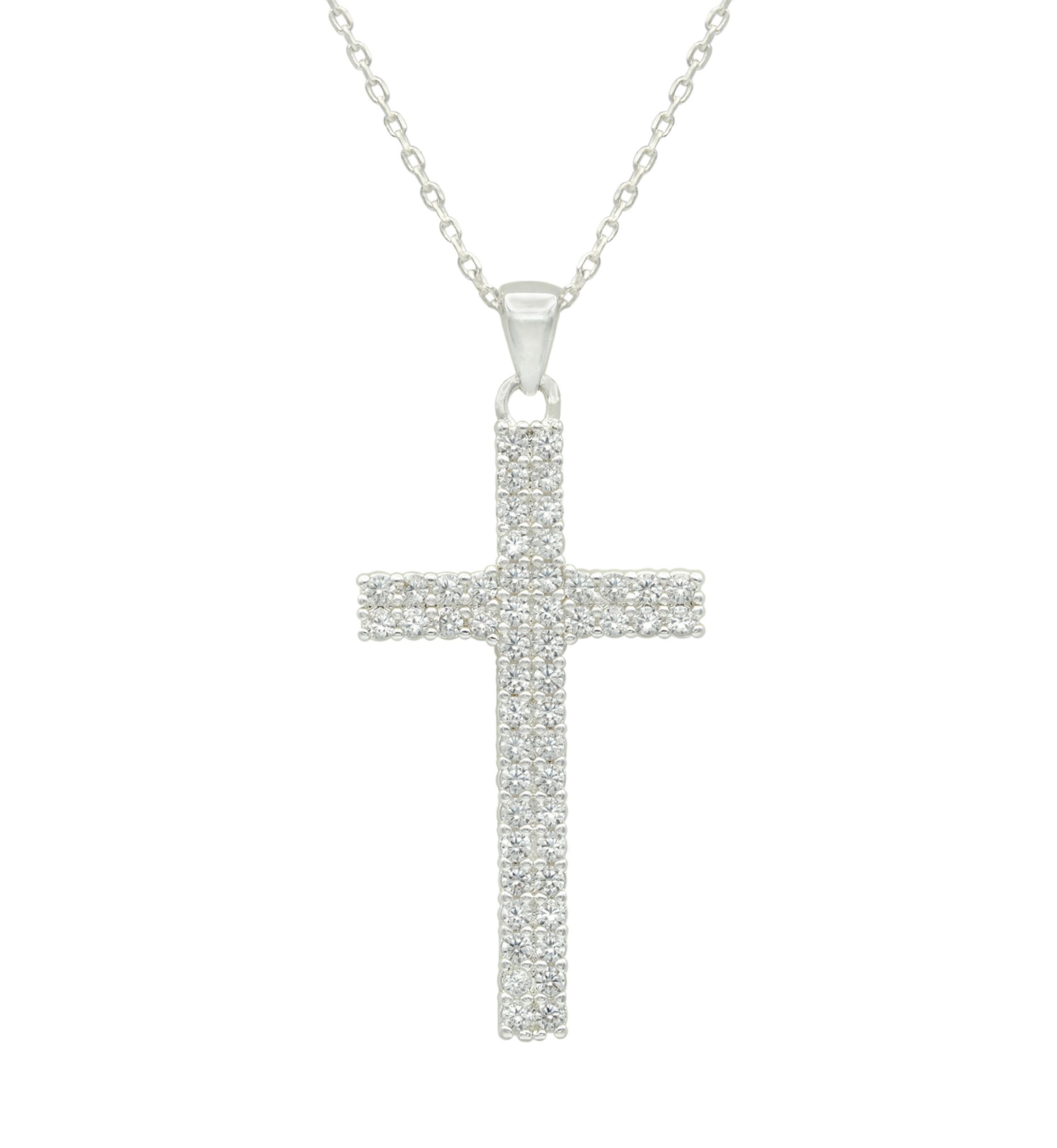 Lab Created Silver Tone Cubic Zirconia Pavé Cross Pendant Necklace