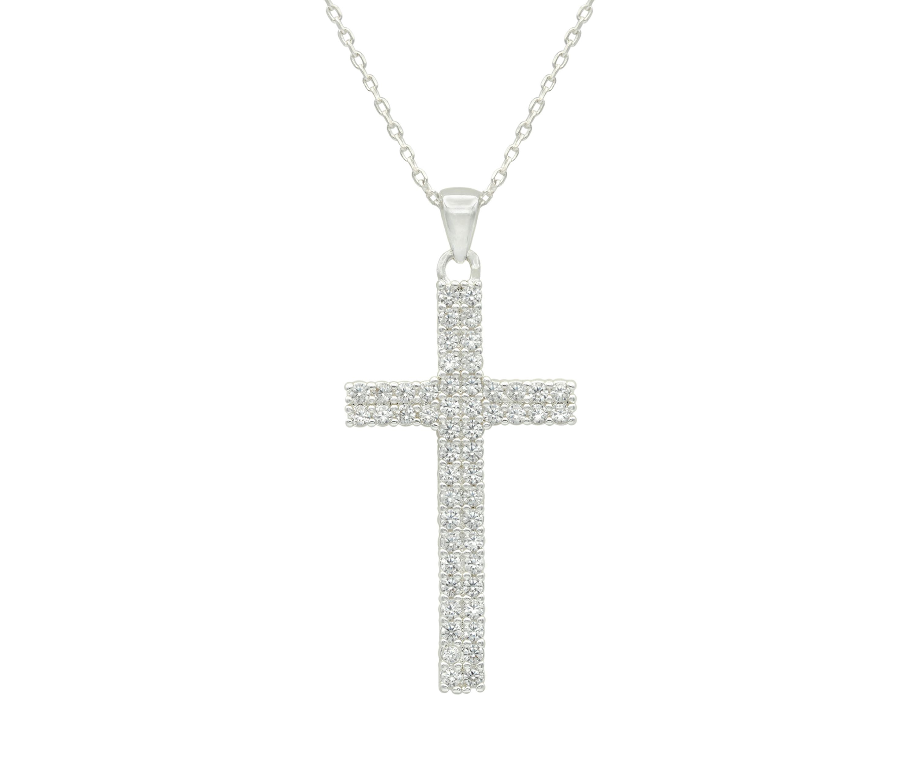 Lab Created Silver Tone Cubic Zirconia Pavé Cross Pendant Necklace