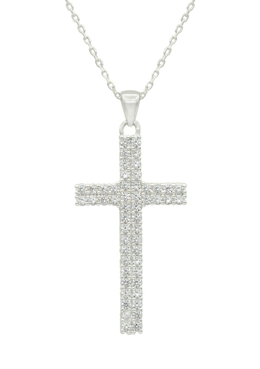 Lab Created Silver Tone Cubic Zirconia Pavé Cross Pendant Necklace