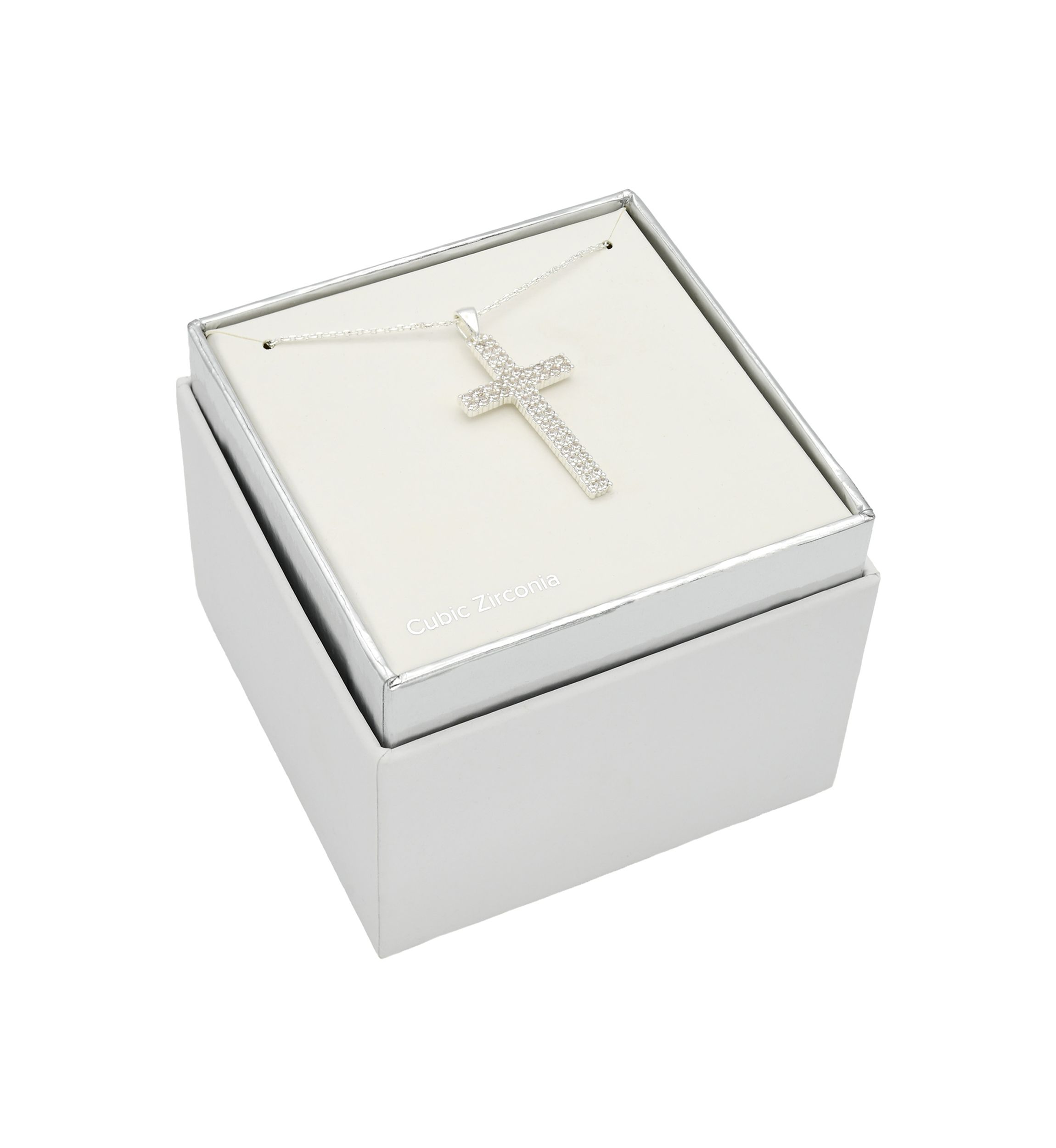 Lab Created Silver Tone Cubic Zirconia Pavé Cross Pendant Necklace