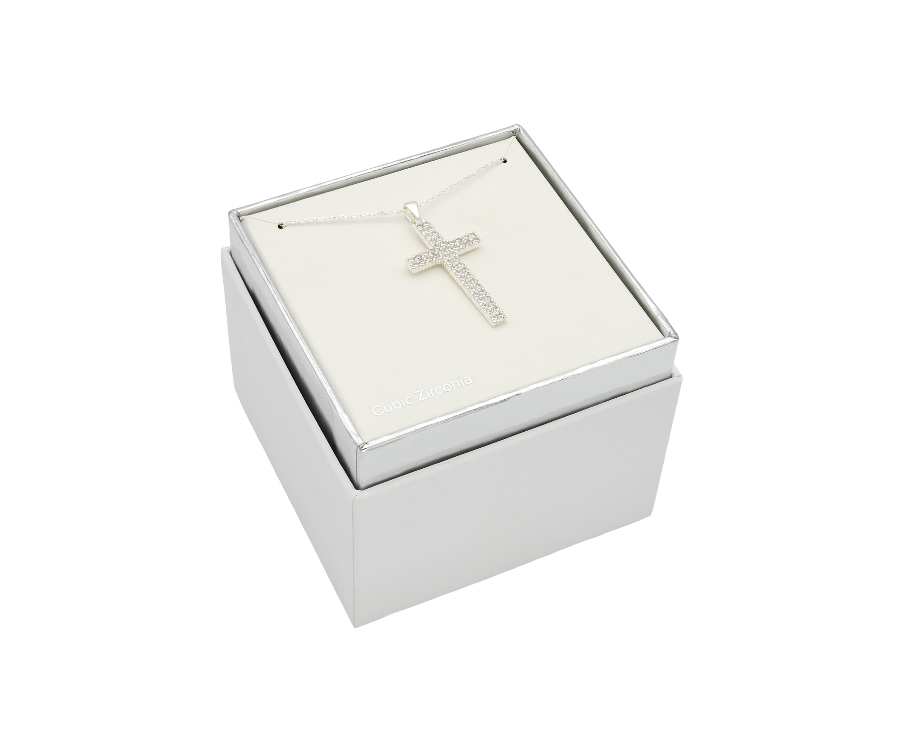 Lab Created Silver Tone Cubic Zirconia Pavé Cross Pendant Necklace