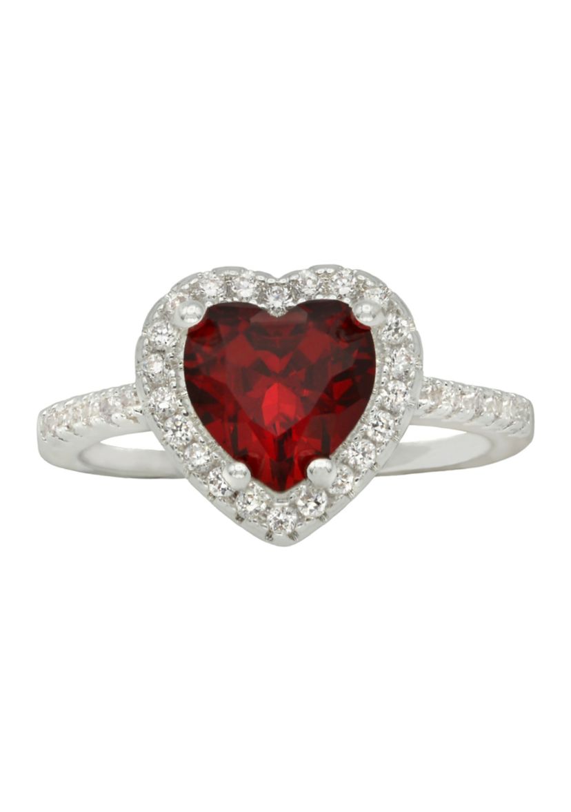 Silver Tone Siam Heart Halo Pavé Band Ring