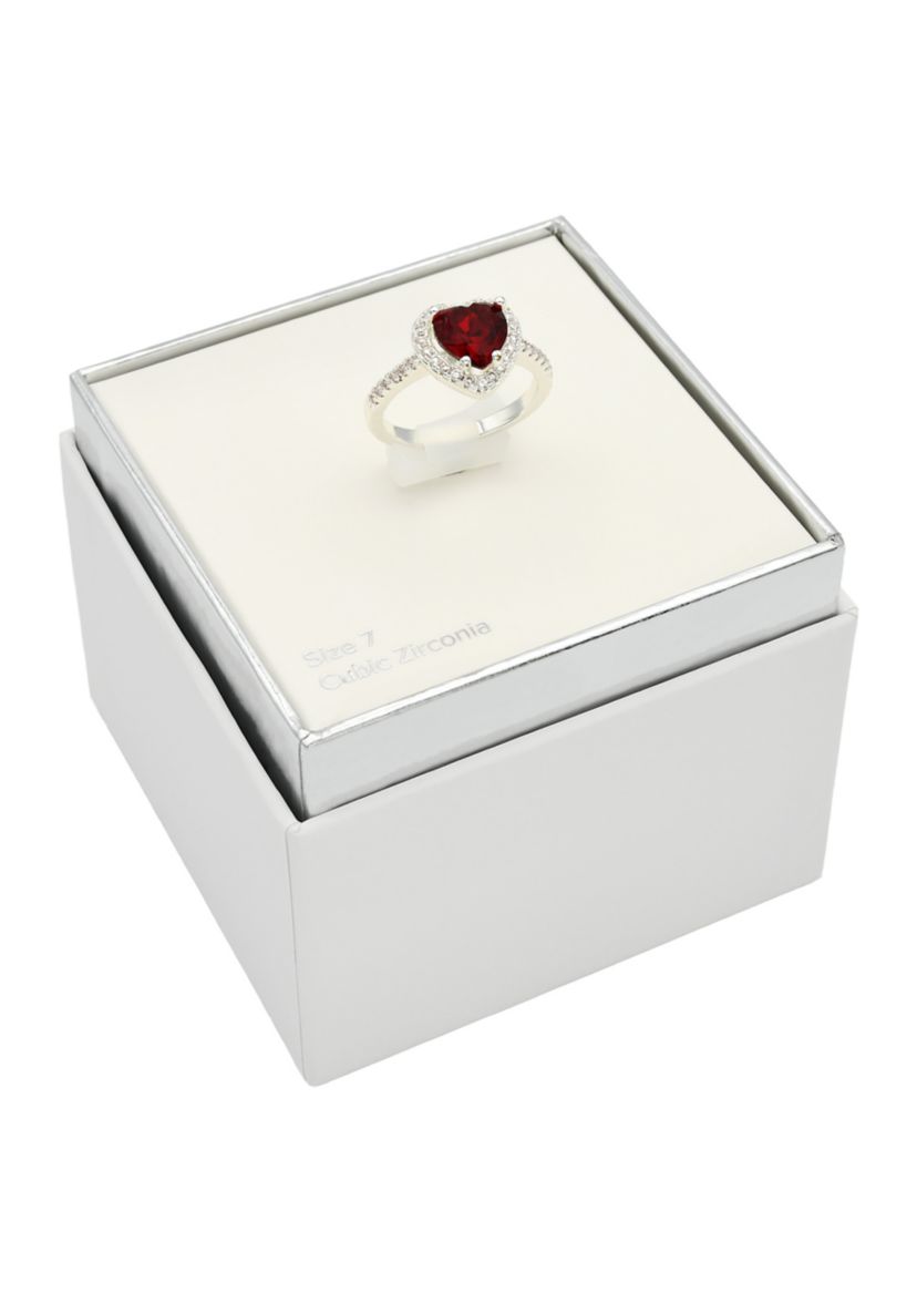 Silver Tone Siam Heart Halo Pavé Band Ring