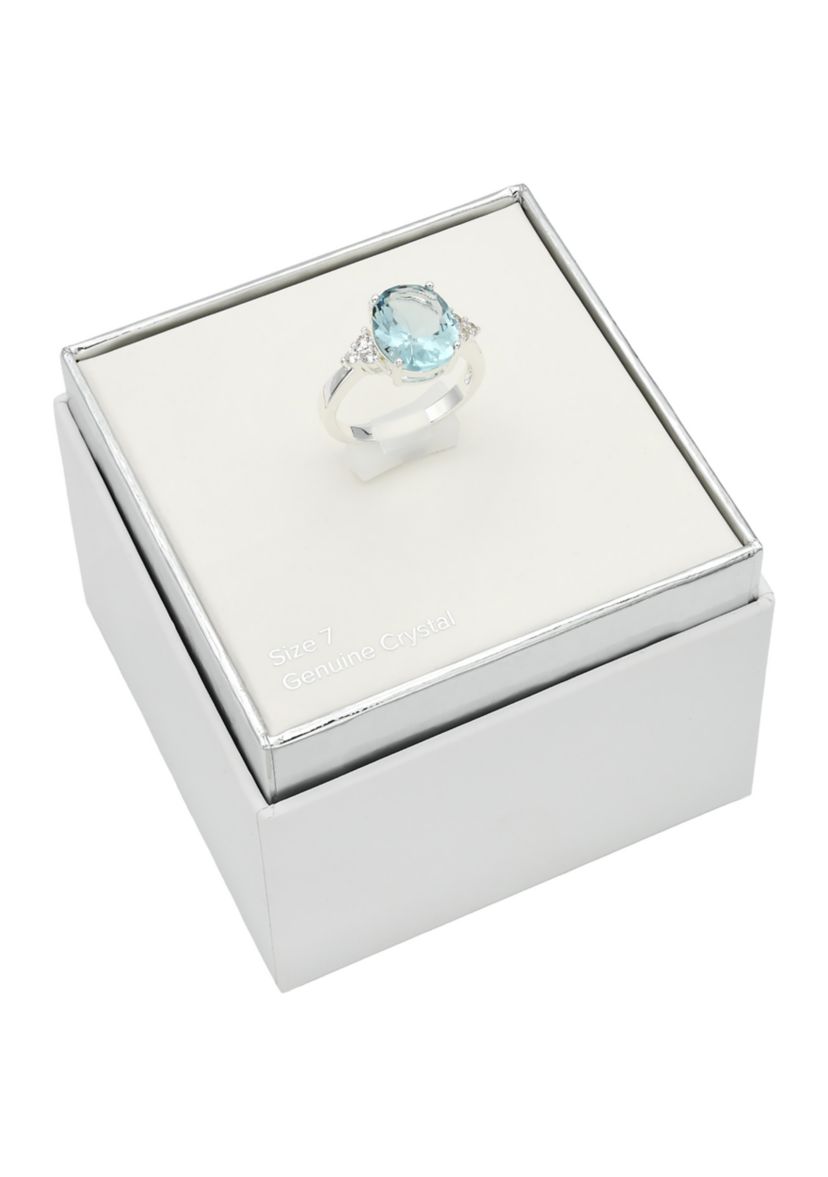 Silver Tone Round Aqua Crystal and Cubic Zirconia Ring