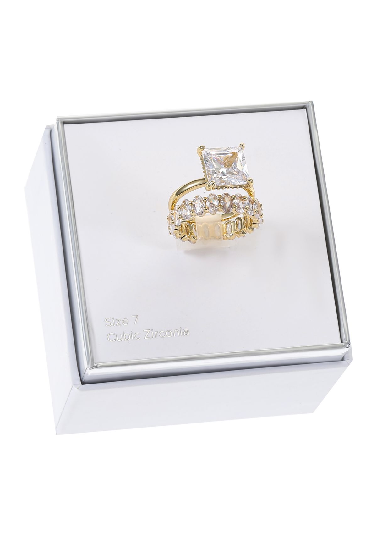 Gold Tone Princess Cut Cubic Zirconia Ring and Oval Band Set