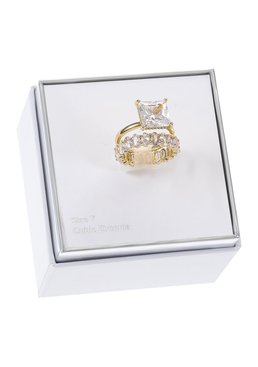 Gold Tone Princess Cut Cubic Zirconia Ring and Oval Band Set