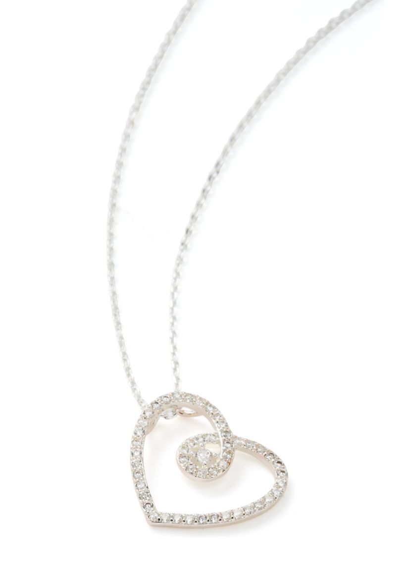 Silver Tone Cubic Zirconia Open Swirl Heart Pendant Necklace