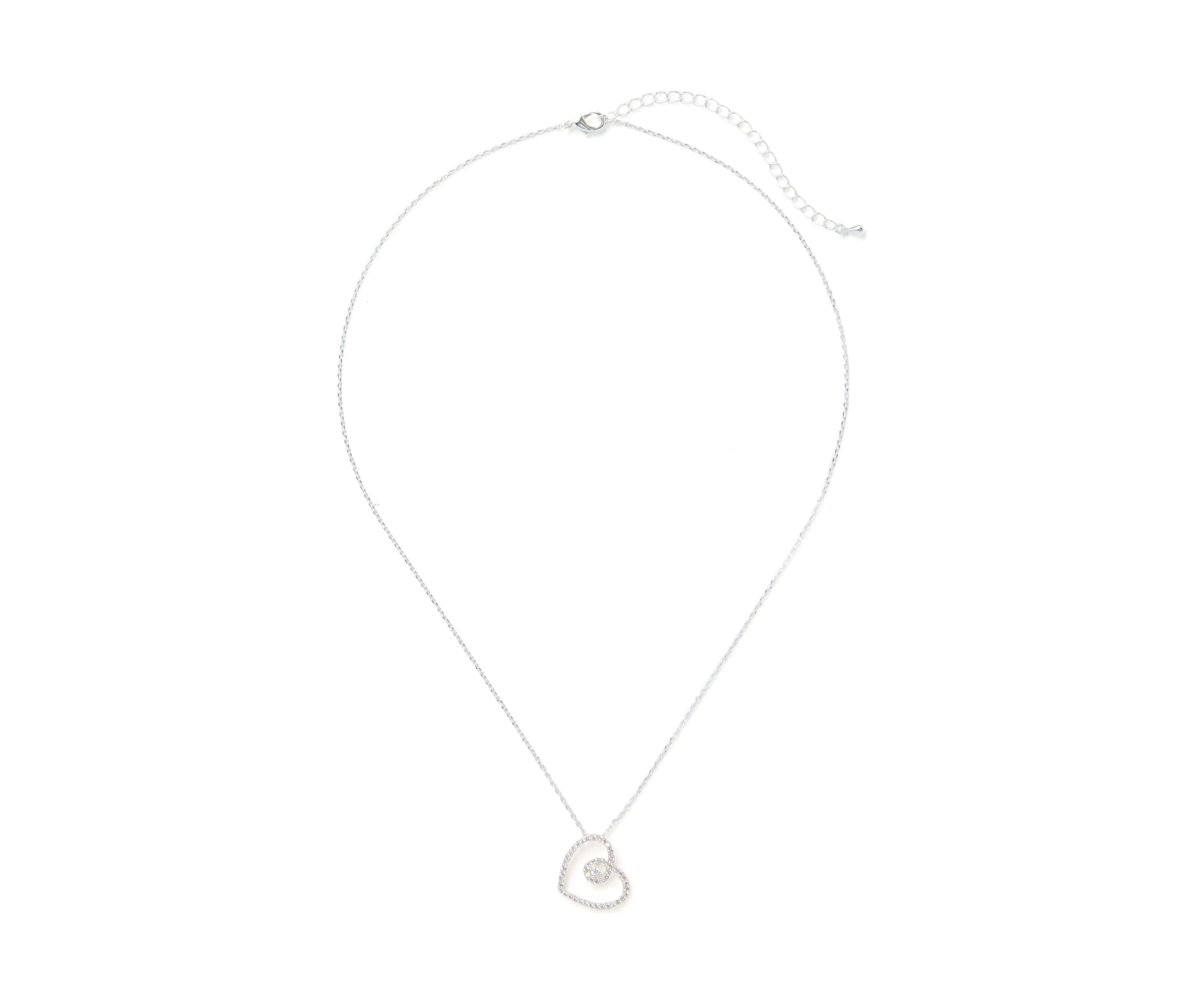 Silver Tone Cubic Zirconia Open Swirl Heart Pendant Necklace