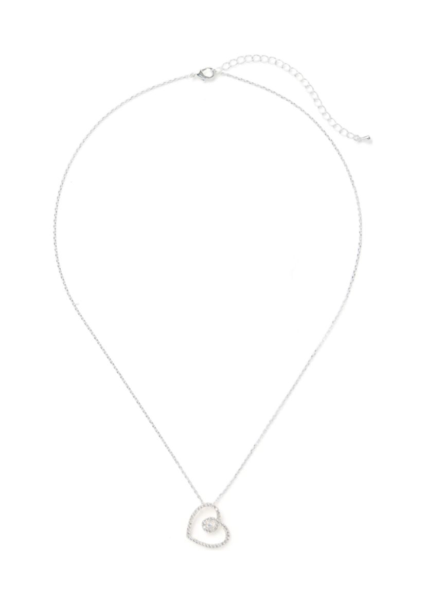 Silver Tone Cubic Zirconia Open Swirl Heart Pendant Necklace