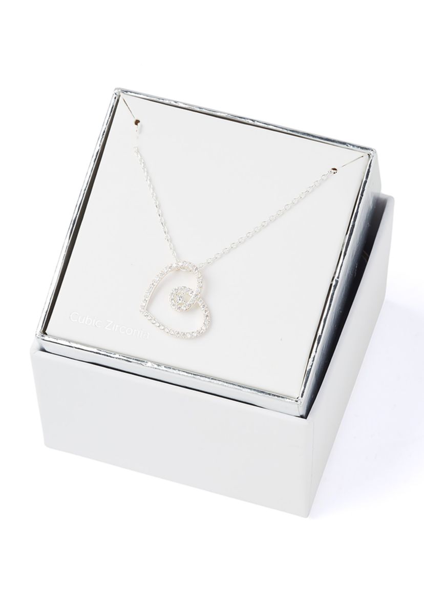 Silver Tone Cubic Zirconia Open Swirl Heart Pendant Necklace