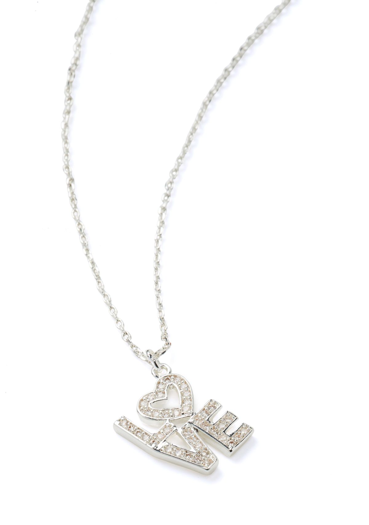 Silver Tone Cubic Zirconia Love Block Script Pendant Necklace