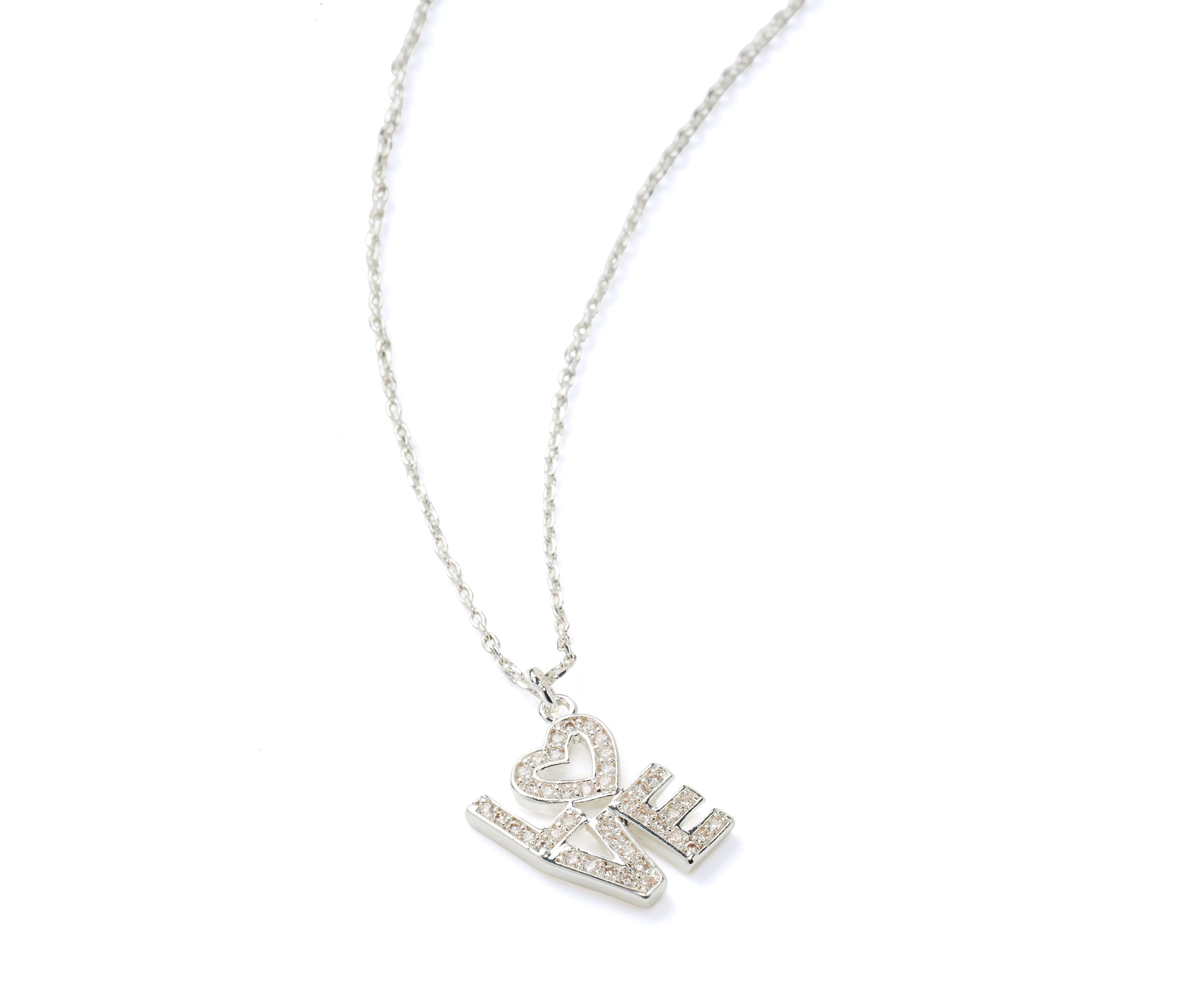 Silver Tone Cubic Zirconia Love Block Script Pendant Necklace
